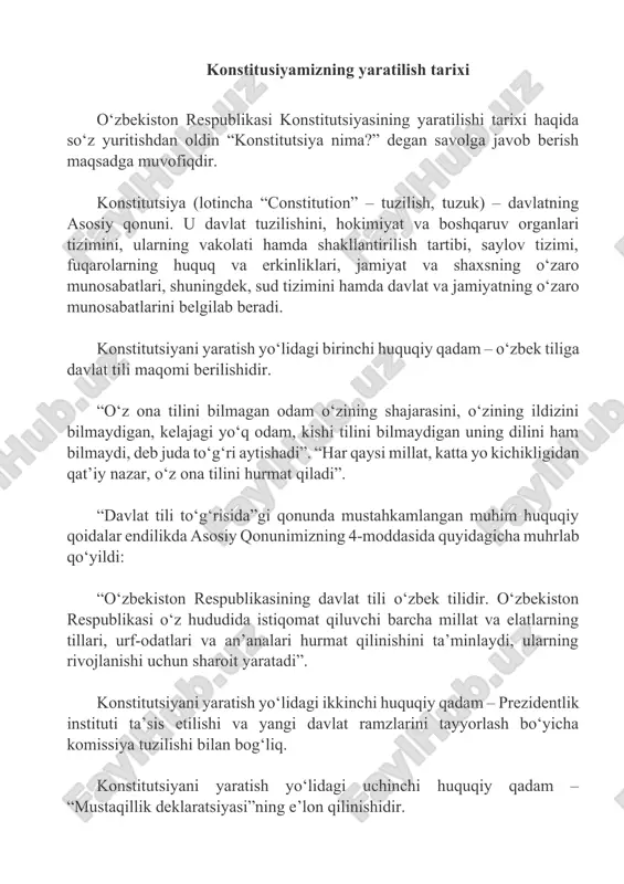raqqiyot yo‘lini, o‘z nomini belgilaydi va davlat belgilarini (gerb, bayroq, madhiya) o‘zi ta’sis etadi” degan qoida mustahkamlangan. konstitutsiyani yaratish yo‘lidagi to‘rtinchi huquqiy qadam – konstitutsiyaviy komissiyaning tashkil etilishiga borib taqaladi. konstitutsiyani yaratish yo‘lidagi beshinchi huquqiy qadam – birinchi prezidentimizning hindistonga 1991-yilgi tashrifi bilan chambarchas bog‘liq. bir so‘z bilan aytganda, istiqlol arafasida vujudga kelgan og‘ir sharoit, siyosiy, iqtisodiy, ijtimoiy qiyinchiliklarga, turli to‘siqlarga qaramasdan, xalqimiz o‘zining asriy orzusi – o‘zbekistonning davlat suvereniteti va mustaqilligi sari qat’iyat bilan harakat qilishda davom etdi. o‘sha beorom davrda qabul qilingan prezident farmoni va qarorlarida aks etgan muhim huquq va qoidalar keyinchalik konstitutsiyamizning asosiy bo‘lim, bob va moddalari sifatida mustahkamlandi. konstitutsiyani yaratish yo‘lidagi oltinchi huquqiy qadam – davlat mustaqilligining e’lon qilinishidir. mamlakatimiz rahbarining 1991-yil 31-avgustda, o‘n ikkinchi chaqiriq o‘zbekiston respublikasi oliy kengashining navbatdan tashqari oltinchi sessiyasida so‘zlagan nutqi, ayniqsa, o‘sha nutqdagi: “men shu bugundan e’tiboran 1-sentabrni respublikamizda mustaqillik kuni, umumxalq bayrami deb e’lon qilishni taklif etaman”, degan …
