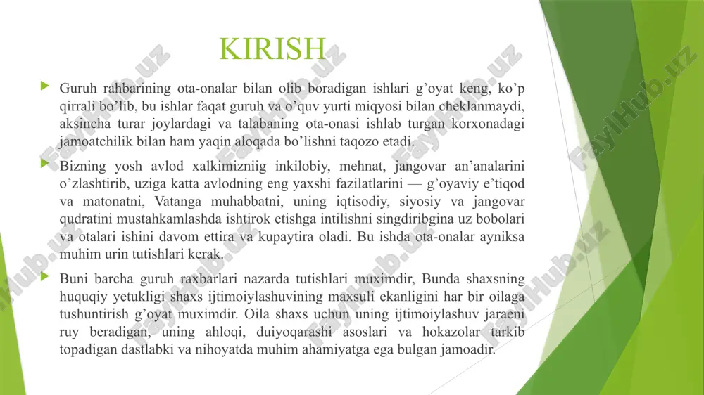 sh rejasi orqali amalga oshiriladi. ota-onalarni maxsus pedagogik va psixologik bilimlar bilan qurollantirish maqsadida ular bilan suhbat va ma’ruzalar o’tkaziladi. savol-javoblar kechasi. ishning bu shakli guruh talabalarning xususiyati, xarakterini yaxshiroq o’zlashtirish imkonini beradi. ota-onalarning tarbiya borasidagi ilg’or tajribalar bilan fikr almashish, o’rtoqlashish. guruh rahbari oila va jamoa bilan olib borgan faoliyati o’quv yurtining oila va keng jamoatchilik bilan aloqasi guruh rahbari orqali amalga oshiriladi. guruh rahbari ota-onalar bilan olib boradigan ishlariga quyidagi vazifalarni hal qiladi: ota-onalar bilan yaqindan aloqa o’rnatadi va aloqani doimo mustahkamlab boradi; talabaga nisbatan o’quv yurtining va oilaning yagona talablar qo’yishga erishadi; guruh ota-onalar jamoasini tashkil etib, ularning guruhdagi tarbiyaviy ishlariga faol qatnashishlarini ta’minlaydi; ota-onalar o’rtasida pedagogik bilimlarni tarqatadi va ularning pedagogik madaniyatini yuqori darajaga ko’taradi; guruhga otaliq qilayotgan tashkilotlar, oila va o’quv yurtiga yordam beruvchi tashkilotlar bilan aloqa o’rnatadi va ularni guruhdagi tarbiyaviy ishlarga jalb qiladi. xulosa ko’rsatib o’tilgan kamchiliklar qatoriga ota-onalarning tarbiya usullarini bo’sh bilishlarini, …