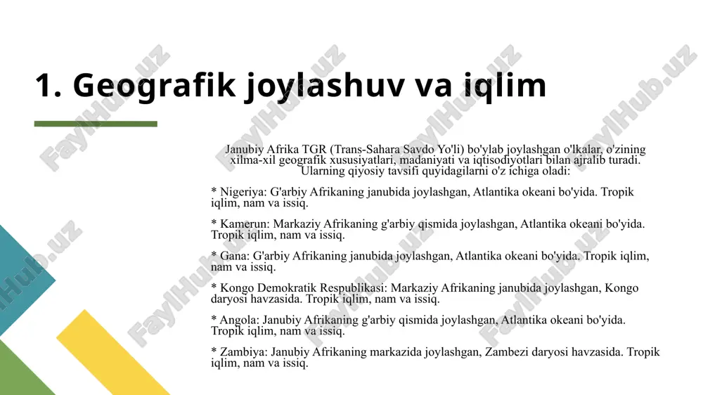 ish va turizm muhim ahamiyatga ega. * kongo demokratik respublikasi: tabiiy boyliklarga boy, mis, kobalt va olmos chiqarish muhim ahamiyatga ega. * angola: neft va gaz chiqarish asosiy iqtisodiy faoliyat, olmos va temir ruda chiqarish ham muhim ahamiyatga ega. * zambiya: mis chiqarish asosiy iqtisodiy faoliyat, qishloq xo'jaligi (makkajo'xori, tamaki) ham rivojlangan. 4 4. siyosat * nigeriya: federativ respublika, prezidentlik boshqaruv shakli. * kamerun: respublika, prezidentlik boshqaruv shakli. * gana: respublika, prezidentlik boshqaruv shakli. * kongo demokratik respublikasi: respublika, prezidentlik boshqaruv shakli. * angola: respublika, prezidentlik boshqaruv shakli. * zambiya: respublika, prezidentlik boshqaruv shakli. 5 5. tarix va madaniy merosi * nigeriya: qadimgi davrlarda turli qabilalar va qirollar hukmronligi ostida bo'lgan, keyin buyuk britaniya mustamlakasi bo'lgan. * kamerun: qadimgi davrlarda turli qabilalar hukmronligi ostida bo'lgan, keyin germaniya va fransiya mustamlakasi bo'lgan. * gana: qadimgi davrlarda akan imperiyalari mavjud bo'lgan, keyin buyuk britaniya mustamlakasi bo'lgan. * kongo demokratik respublikasi: qadimgi davrlarda …