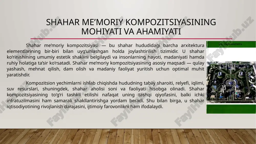 sanoat hududlari esa shamol yo‘nalishiga qarama-qarshi tomonda, ekologik xavfsiz masofada bo‘ladi. shahar markazida ma’muriy va savdo binolari, madaniy maskanlar joylashadi. ularni bir-biriga bog‘lovchi transport yo‘llari va jamoat transporti tizimi shahar hayotini ritmik tarzda boshqaradi. me’moriy kompozitsiyada funksional zonalash tamoyillari zonalash shaharsozlikda muhim o‘rin tutadi. u shahar hududini uning vazifasiga qarab turli zonalarga bo‘lish jarayonidir: turar joy, sanoat, dam olish, savdo, transport va ekologik hududlar. bu tamoyil shahar infratuzilmasini tartibli saqlash, transport yuklamasini kamaytirish va atrof-muhitga zarar yetkazmaslik imkonini beradi. masalan, sanoat zonalari ekologik xavfsizlikni ta’minlash uchun daryo bo‘ylaridan yoki shahar markazidan uzoqroqqa joylashtiriladi. yashil zonalar esa shaharni ekologik jihatdan muvozanatli qiladi. zonalash orqali arxitektura birliklari o‘zaro uyg‘unlashadi, buning natijasida shahar umumiy kompozitsiyasi yanada mukammal shakl oladi. tabiiy omillar va landshaftning kompozitsiyaga ta’siri tabiiy omillar shahar me’moriy kompozitsiyasini shakllantirishda hal qiluvchi ahamiyatga ega. shahar relyefi, suv havzalari, o‘rmonlar, shamol yo‘nalishlari va iqlim sharoitlari me’moriy rejalashtirishda inobatga olinadi. masalan, tog‘li hududlarda joylashgan …