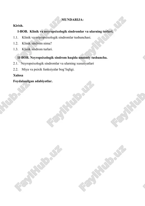 ikni oʻrganishda qoʻllanadi. e. fromm „oʻsish sindromi“ haqida yozadi. t. adorno sindrom tushunchasidan shaxs turlarini, xususan, avtoritar shaxsiyatni tavsiflash uchun foydalanadi . a. l. venger bolaning aqliy rivojlanishining noqulay variantlarini, kasbiy faoliyatda hissiy charchashni tahlil qilganda sindrom tushunchasidan foydalanadi; u, shuningdek, sindromning barqarorligini va uning oʻzgarish yoʻnalishini taʼminlaydigan simptomlar oʻrtasidagi munosabatlarning umumiy sxemasini taklif qildi. „stokgolm sindromi“ tushunchasi psixologiyada qoʻllanilishidan tashqariga chiqdi va keng tarqaldi. 1.2. klinik sindrom nima? klinik sindrom - bu turli kasalliklarda uchraydigan simptomlar majmuasidir. neyropsixologik sindrom esa, aynan miya faoliyatidagi o'zgarishlar bilan bog'liq bo'lgan va psixik holatni buzadigan simptomlar yig'indisidir. bu sindromlar odatda miya yarimsharlari, peshona, chakka, tepa, ensa qismlari yoki chuqur strukturalarining zararlanishi natijasida yuzaga keladi. sindrom (yunoncha: syndrome – yigʻilish, birga kechish) – yagona patogenez bilan bogʻliq kasallik belgilarining birgalikda yuzaga chiqishi. kelib chiqish sabablari bir necha xil boʻlgani uchun kasallikning nozologik (muayyan sababli, bir xil patogenezli va hokazo) shakllaridan farq qilishi mumkin, masalan: …