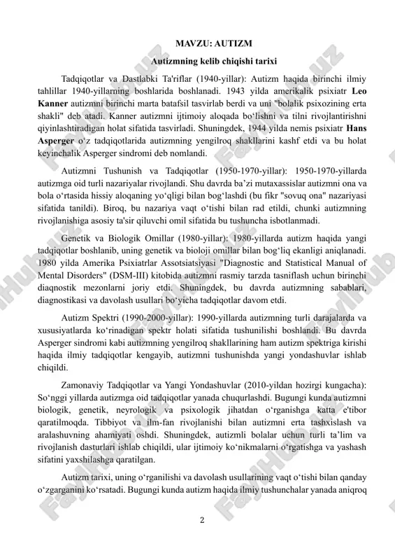 asperger sindromi kabi autizmning yengilroq shakllarining ham autizm spektriga kirishi haqida ilmiy tadqiqotlar kengayib, autizmni tushunishda yangi yondashuvlar ishlab chiqildi. zamonaviy tadqiqotlar va yangi yondashuvlar (2010-yildan hozirgi kungacha): so‘nggi yillarda autizmga oid tadqiqotlar yanada chuqurlashdi. bugungi kunda autizmni biologik, genetik, neyrologik va psixologik jihatdan o‘rganishga katta e'tibor qaratilmoqda. tibbiyot va ilm-fan rivojlanishi bilan autizmni erta tashxislash va aralashuvning ahamiyati oshdi. shuningdek, autizmli bolalar uchun turli ta’lim va rivojlanish dasturlari ishlab chiqildi, ular ijtimoiy ko‘nikmalarni o‘rgatishga va yashash sifatini yaxshilashga qaratilgan. autizm tarixi, uning o‘rganilishi va davolash usullarining vaqt o‘tishi bilan qanday o‘zgarganini ko‘rsatadi. bugungi kunda autizm haqida ilmiy tushunchalar yanada aniqroq bo‘lib, autizmli bolalar va kattalar uchun samarali yordam berish imkoniyatlari kengaygan. autizm va psixologiyadagi yosh davrlarining bog‘liqligi, autizmni tushunishda va uning belgilari hamda rivojlanishini tahlil qilishda juda muhimdir. autizm, ayniqsa, bolalik davrida, uning rivojlanishining turli bosqichlarida namoyon bo‘ladigan va ijtimoiy, muloqot va xulq-atvor ko‘nikmalariga ta'sir qiladigan nevrologik holatdir. psixologik …