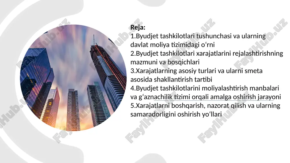 g farovonligini oshirishga yo‘naltiriladi. xulosa qilib aytganda, byudjet tashkilotlari — bu davlatning ijtimoiy siyosatini hayotga tatbiq etuvchi, iqtisodiy barqarorlikni ta’minlashda muhim o‘rin tutuvchi, jamiyat ehtiyojlarini qondirishga xizmat qiluvchi moliyaviy institutlardir. 4 5 byudjet tashkilotlarida xarajatlarni rejalashtirish — bu tashkilot faoliyatini moliyaviy jihatdan ta’minlash uchun zarur bo‘lgan mablag‘ miqdorini oldindan aniqlash, uni asoslash va maqsadli yo‘naltirish jarayonidir. bu jarayon davlat byudjeti mablag‘laridan oqilona, samarali va tejamkor foydalanishni ta’minlashga qaratilgan. xarajatlarni rejalashtirish jarayonida asosiy maqsad — tashkilotning belgilangan vazifalarini to‘liq bajarishi uchun yetarli moliyaviy resurslarni shakllantirishdir. shu bilan birga, ortiqcha yoki samarasiz xarajatlarning oldini olish ham muhimdir. 5 6 xarajatlarni rejalashtirishning mazmuni: kelgusi davrda amalga oshiriladigan ishlar va xizmatlar uchun zarur moliyaviy resurslarni aniqlash; byudjet mablag‘larining maqsadli sarflanishini belgilash; tashkilot faoliyatining samaradorligini oshirish uchun xarajatlarni oqilona taqsimlash; davlat byudjeti ijrosini barqarorlashtirishga xizmat qilish. rejalashtirishda e’tiborga olinadigan tamoyillar: qonuniylik – barcha xarajatlar amaldagi me’yoriy hujjatlarga asoslanadi; maqsadga muvofiqlik – mablag‘lar tashkilot vazifalariga mos …