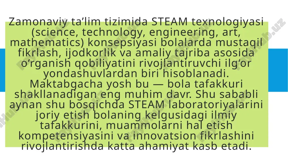 ulirovku v sootvetstvii s terminami, ispolzuemimi v vashem uchebnom zavedenii. 5 steam laboratoriyasi tushunchasi steam laboratoriyasi – bu bolalar uchun o‘rganish, tajriba o‘tkazish, sinov qilish, kuzatish va tahlil qilish imkonini beruvchi amaliy muhitdir. unda tabiiy fanlar, texnologiya, muhandislik, san’at va matematika yo‘nalishlari birlashtiriladi. bu muhitda bolalar nazariy bilimni amalda qo‘llashni o‘rganadilar, o‘z g‘oyalarini sinovdan o‘tkazish orqali mustaqil fikrlashga o‘rganadilar. 6 laboratoriyaning asosiy yo‘nalishlari laboratoriyaning asosiy yo‘nalishlari 7 steam laboratoriyasi quyidagi yo‘nalishlarda faoliyat yuritadi: tabiiy fanlar yo‘nalishi: suv, havo, yorug‘lik, o‘simlik va hayvonot dunyosi bilan tajribalar; texnologik yo‘nalish: mexanik modellar, oddiy konstruktorlar, lego-robototexnika; muhandislik yo‘nalishi: qurilish, muvozanat, harakat mexanizmlari; san’at yo‘nalishi: tasviriy ijod, dizayn, estetik ko‘nikmalar; matematika yo‘nalishi: o‘lchash, sanash, solishtirish, geometrik shakllar bilan ishlash. jihozlar va vositalar laboratoriyada xavfsiz, ekologik toza va yoshga mos jihozlardan foydalanish zarur. masalan: mikroskoplar, kattalashtiruvchi linzalar, suv va qum tajriba stollari, oddiy robotlar, lego to‘plamlari, rangli bo‘yoqlar, o‘lchov asboblari, magnitlar, suv nasoslari, va tabiiy materiallar …