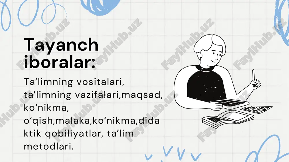 y vazifalari quyidagilardir: didaktikaning asosiy vazifalari quyidagilardir: 01 02 talim jarayonlari va ularni amalga oshirish shartlarini tariflash va tushuntirish talim jarayonlari va ularni amalga oshirish shartlarini tariflash va tushuntirish. 03 talim jarayoni uchun xos bolgan umumiy qonuniyatlarni aniqlash, omillarini tahlil qilish va tariflash. didaktikaning asosiy kategoriyalar didaktikaning asosiy kategoriyalar muayyan fanga xos bolgan tushunchalarda insoniyat tomonidan ijtimoiy taraqqiyot jarayonida toplangan bilimlar aks etadi. didaktikaning asosiy kategoriyalari quyidagilardan iborat: orgatish, organish, oqitish, talim, bilim, konikma, malaka, kompetensiya, maqsad, mazmun, tashkil etish, shakl, metod, vosita, natija. kompetensiya – egallangan bilim, konikma va malakalarni kundalik va kasbiy faoliyatda qollay olish layoqati. maqsad – oqitishning nimaga qaratilganligi, uning kuchlari kelgusida qay yosinda safarbar etilishi mazmun – oqitish jarayonida egallanishi lozim bolgan ilmiy bilim, amaliy konikma va malakalar, faoliyat, fikrlash usullari tizimi. tashkil etish – qoyilgan maqsadni samarali amalga oshirish uchun unga zaruriy shaklni taqdim etadigan, aniq mezonlar boyicha tartiblangan didaktik jarayon. shakl – oquv …
