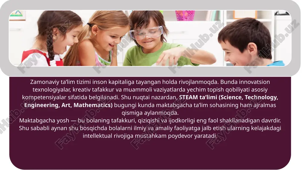 o‘rni o‘yin — maktabgacha ta’limning ajralmas qismi bo‘lib, u orqali bolalar dunyoni o‘rganadi. steam texnologiyasi bu jarayonda o‘yinni ilm bilan uyg‘unlashtiradi. “quruvchi muhandis”, “kichik olim”, “san’at laboratoriyasi” kabi o‘yin mashg‘ulotlari bolalarda muhandislik va dizayn tafakkurini shakllantiradi. shuningdek, o‘yin orqali o‘qitish bolalarning jamoada ishlash, muloqot qilish va muammolarni hal etish ko‘nikmalarini rivojlantiradi. tajriba va amaliy faoliyatning ahamiyati tajriba o‘tkazish — steam yondashuvining eng muhim tarkibiy qismi. bolalar tajriba orqali natijani o‘zlari kashf etadi, bu esa ularning mustaqil fikrlashini rivojlantiradi. masalan, suvda cho‘kish va suzish tajribasi, yorug‘likning so‘nishi yoki o‘tish holatlarini kuzatish orqali bolalar sabab-oqibat aloqalarini tushunadi. steam muhitini tashkil etish maktabgacha ta’lim tashkilotida steam muhiti qulay, xavfsiz va ilhomlantiruvchi bo‘lishi lozim. bunda tabiiy materiallar, qurilish konstruktori, raqamli vositalar va san’at jihozlari birlashtirilgan bo‘lishi zarur. tarbiyachi bolalarga erkin ijod qilish, fikr bildirish va natijani tahlil qilish imkonini beradigan ochiq muhit yaratadi. steamda ijodkorlikni rivojlantirish ijodkorlik — steamning markaziy elementi. bolalar rasm chizish, …
