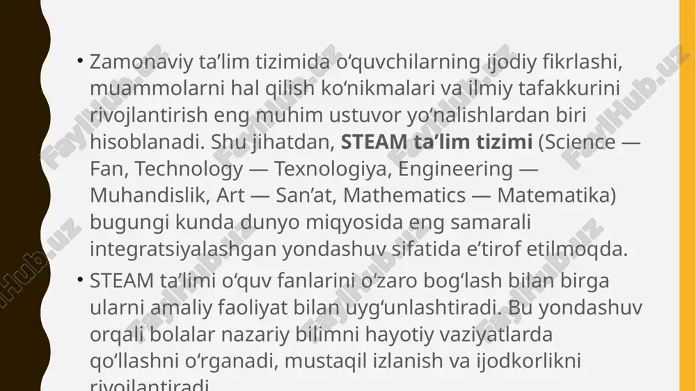 qiziqish ortadi. steam ta’limining komponentlari va ularning o‘zaro integratsiyasi steam ta’limi besh asosiy komponent — fan, texnologiya, muhandislik, san’at va matematikaning o‘zaro uzviy bog‘lanishiga asoslanadi. bu komponentlarning har biri ta’lim jarayonida muhim funksiyani bajaradi: fan (science) — tabiiy hodisalarni ilmiy metod asosida o‘rganish, kuzatish, tahlil qilish va tajriba o‘tkazish orqali ilmiy tafakkurni rivojlantiradi. texnologiya (technology) — texnik vositalar va raqamli muhitdan foydalanish madaniyatini shakllantirib, innovatsion fikrlashni kuchaytiradi. muhandislik (engineering) — muammolarni yechish, konstruktiv fikrlash va loyihalash ko‘nikmalarini shakllantirishni nazarda tutadi. san’at (art) — estetik idrok, ijodkorlik va dizayn tafakkurini rivojlantiradi. matematika (mathematics) — mantiqiy tahlil, modellashtirish va hisob-kitob orqali ilmiy natijalarni aniqlashga xizmat qiladi. bu besh yo‘nalishning o‘zaro integratsiyasi natijasida o‘quvchi kompleks tafakkur egasiga aylanadi, fanlar o‘rtasidagi chegaralar yo‘qoladi va bilimlar bir butun tizim sifatida shakllanadi. steam ta’limining ilmiy asoslari steam ta’limining ilmiy-metodik poydevori konstruktivizm va tajribaviy o‘rganish nazariyalariga tayanadi. konstruktivistik yondashuvga ko‘ra, bilim tayyor shaklda berilmaydi — u o‘quvchining …