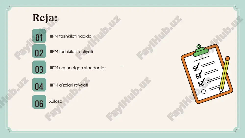 m moliyaviy xizmatlari sanoatiga (ifsi) quyidagi aniq yo‘naltirilgan xizmatlarni taqdim etishga e’tibor qaratish: iifm shariat kengashi tomonidan tasdiqlangan “bayonot”lar asosida amaliy va foydalanishga tayyor, global standartlashtirilgan shariatga muvofiq moliyaviy hujjatlar, mahsulot tasdiqlari va tegishli ko‘rsatma yozuvlarini nashr etish. iifm xatardan himoyalanish (hedging) standartlari uchun moliyaviy shartnomalarning yuridik kuchga egaligini aniqlash maqsadida, muayyan yurisdiktsiyalar bo‘yicha yuridik xulosalarni taqdim etish. muayyan mavzularga oid tushuncha hujjatlarini ishlab chiqish va ularni soha ishtirokchilari bilan hamkorlikda tarmoq miqyosida o‘tkaziladigan maslahatlashuv yig‘ilishlarida muhokama qilish orqali bozor fikrini olish hamda shu yo‘nalishda standartlashtirish zaruratlari va yondashuvlari yuzasidan kelishuvga erishish. soha bo‘yicha so‘nggi rivojlanishlar va iifm standartlari haqida maxsus seminarlar, brifing sessiyalari va davra suhbatlari orqali bilim almashish va xabardorlikni oshirish. nashr etilgan iifm standartlari bo‘yicha mutaxassislarga mo‘ljallangan amaliy treninglar orqali malaka oshirish (capacity building) imkoniyatlarini taqdim etish. iifm tomonidan chiqariladigan yillik asosiy “sukuk” hisobotini nashr etish. 1. likvidlikni boshqarish standartlari: iifm standart 1: boylik saqlash uchun asosiy …