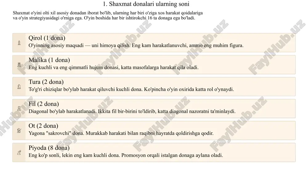 oʻtadi, u oʻzida tora va filning harakatlanishini birlashtiradi. zamonaviy shaxmat nazariyasida malika „ogʻir dona“ (rux bilan birga) hisoblanadi. anʼanaviy „stounton“ shaxmatidagi malikaning koʻrinishi shohga oʻxshaydi, lekin figura kichik toʻp bilan tojlangan va qiroldan farqli oʻlaroq, biroz pastroq (qirol malikadan balandroq va xoch bilan toj kiygan). malikaning ikkinchi, soʻzlashuv nomi – „ferz“. harakatlanish cheklovsizligi u istalgan masofaga, istalgan yo'nalishda – vertikal, gorizontal yoki diagonal bo'ylab harakatlana oladi. yuqori qiymat (9 ball) malikani yo'qotish o'yin pozitsiyasini keskin yomonlashtiradi. uni himoya qilish har doim ustuvor vazifa bo'lishi kerak. markaziy nazorat o'yin boshida va o'rtasida markazda faol harakatlanishi raqib pozitsiyasiga kuchli bosim o'tkazadi. 4 turalar asosan faol bo'lmagan donalar hisoblanadi, ularni o'yin boshida xavfsiz joyda ushlab, ochiq liniyalar paydo bo'lishini kutish kerak. har bir tura 5 piyoda kuchiga tengdir. vertikal yoki gorizontal ravishda istalgan hududdagi kataklarga oʻtadi. rakirovkada shoh bilan birga ishtirok etishi ham mumkin. oʻyin boshida har bir oʻyinchining birinchi yoki sakkizinchi qatordagi …