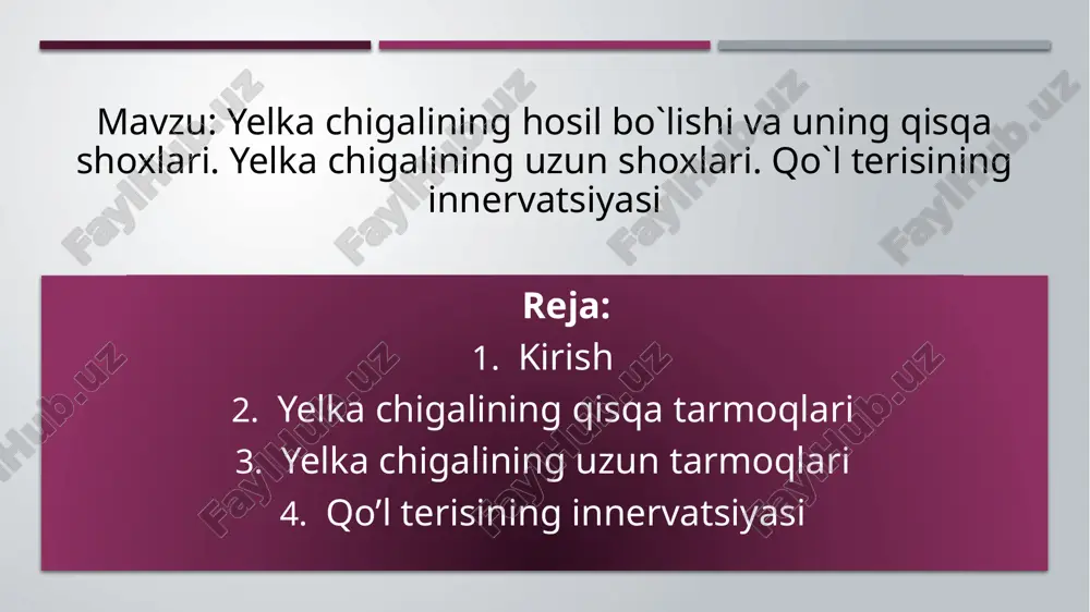 o’naladi. musculus serratus anteriorni inervat siya qiladi. 8 5. nervus subclavius : o’mrov osti nervi hisoblanadi. c5 dan tola oladi. musculus subclaviusni inervatsiya qiladi. 6. nervus pectoralis: medialis et lateralis medial va lateral ko’krak nervlari hisoblanadi. c5, c6, c7, c8 va th1 dan tola oladi. 2ta ba’zan 3ta bo’lib, katta va kichik ko’krak mushaklari musculus pectoralis major va musculus pectoralis minorni inervatsiya qiladi. 9 nervus thoracodorsalis ko’krak orqa devorining nervi hisoblanadi. c7, c8 dan tola oladi. orqaning serbar mushagini (musculus latissimus dorsi) inervatsiya qiladi. 10 poyalar yana bir biri bilan chatishib divisioneslarni hosil qiladi. bu qismdan hech qanday tarmoq bermaydi. devisiones qismlari keyin tutamli (fasciculus) qismlarga o’tadi: fasciculus medialis – ichki poya. fasciculus lateralis – tashqi poya. fasciculus posterior – orqa poya. tutamli qismlardan keyin pastga qarab yelka chigalining uzun tolalari davom etadi. 11 uzun tarmoqlarga quyidagilar kiradi: 1.nervus axillaris: qo’ltiq osti nervi hisoblanadi. uzuntolalar ichida eng kaltasi hisoblanadi. c5 …