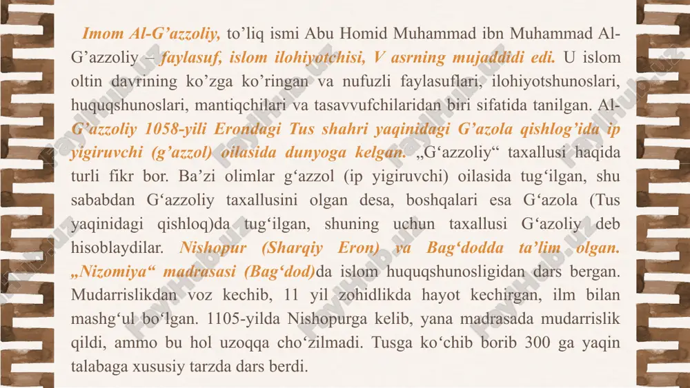 ya ta'kidlaydi. xullas, shaxs ijtimoiylashuvi, tarbiyasi, insonni nuqsonlar, gunohlardan qutqarish ulug' ajdodlarimizning qayg'usi bo'lib kelgan.. ular savob va gunoh, soya va nur, mon, xayru shar chegarisida yara shayton va rahmon, xayru shar chegarisida yaratilgan inson degan mubham xilqatni anglash, uning rahmoniy va shaytoniy quyavatlarini qachon, qayerda kuchga kirishi, bu kuchlarning sababi nima ekanligini tushunishga jiddu-jahd qilganlar. ayniqsa, tasavufda jamiyat islohi uchun inson tarbiyasi, insonni riyozatlar bilan poklash markaziy o' rin egallab kelgan. shu asosda ular komil inson konsepsiyasini ishlab chiqqanlar. inson jamiyatda yashar ekan, unda qabul qilingan axloq me'yorlari, yurish-turish, kundalik muomala madaniyatiga rioya qilishi kerak. muomala madannyati tug'ma, yani bola tug'ilishi bilan unda tayyor holda bo'lmaydi. muomala madannyati kishilar bilan muloqot, hamjihat yashash ijtimoiylashuvning mahsulidir va inson farzandi jamiyatda yashar ekan, kishilar bilan bo'ladigan muomala, mulozamat, munosabat odoblarini bilishi va ularga rioya qilishi unga obro' va ng uchun bo'lsa kerak g e'tibor keltiradi. shuning uchun bo' isa kerak g' …