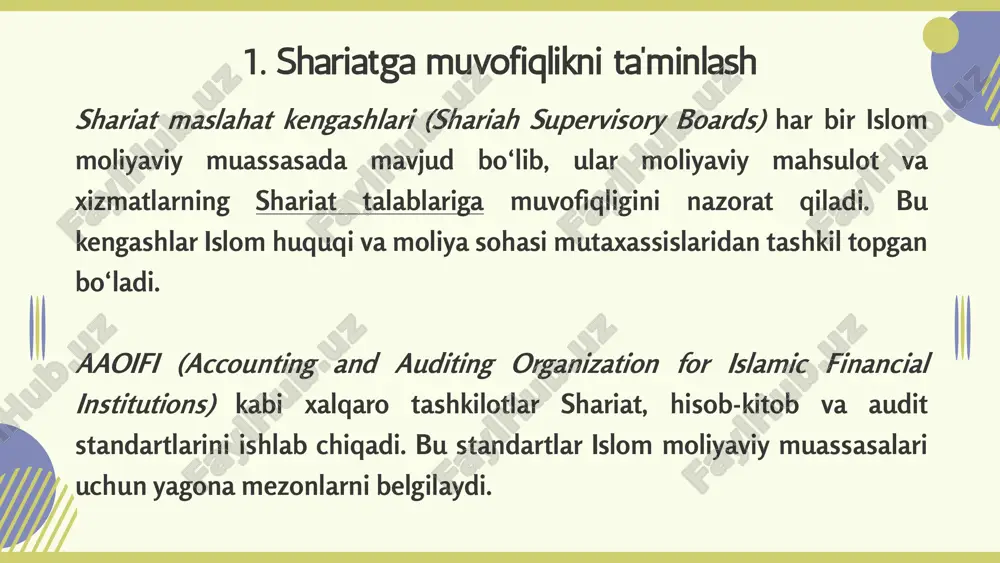 alardagi tartibga solish tajribalari 5 aaoifi tomonidan sukuk (islom obligatsiyalari) uchun yangi standartlar joriy etish taklif qilingan. bu standartlar sukuk egalari uchun aktivlarning huquqiy egaligini o‘tkazishni talab qiladi, bu esa huquqiy murakkablik va tranzaksiya xarajatlarini oshirishi mumkin. turli yurisdiktsiyalarda shariat talablarining har xil talqin qilinishi islom moliya bozorining yagona standartlarga ega bo‘lishini qiyinlashtiradi. 5. shariat standartlarini muvofiqlashtirish muammolari islom moliyasi faqat moliyaviy foyda emas, balki ijtimoiy adolat va barqarorlikni ham ko‘zlaydi. buning uchun zakot, vaqf va qard al-hasan kabi ijtimoiy mexanizmlar qo‘llaniladi. islom banklari foyda va zarar taqsimoti asosida ishlaydigan shartnomalar orqali iqtisodiy faollikni rag‘batlantiradi va moliyaviy tizimning barqarorligini ta’minlaydi. 6. islom moliyasining ijtimoiy va iqtisodiy ta’siri islom moliya bozori zamonaviy global moliya tizimining muhim va barqaror segmentlaridan biri hisoblanadi. uni tartibga solishda shariat talablari, foiz va noaniqlik taqiqlari, shuningdek, ijtimoiy adolat va iqtisodiy barqarorlik tamoyillari asosiy o‘rin tutadi. xalqaro tashkilotlar — aaoifi va ifsb tomonidan ishlab chiqilgan standartlar islom …
