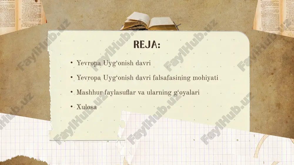 on markazidagi" tafakkurga asoslangan yangi intellektual harakat edi. 📜 tarixiy kelib chiqishi gumanistik g‘oyalar qadimgi yunon va rim madaniyatidan ilhomlangan. aristotel, platon, tsitseron va seneka kabi faylasuflarning asarlari qayta o‘rganila boshlandi. xiv asrda italiyaning florensiya shahrida franchesko petrarka gumanistik tafakkurning asoschilaridan biri bo‘ldi. franchesko petrarka – “gumanizm otasi”, antik madaniyatni tiriltirishga harakat qilgan. erazm rotterdamskiy – axloqiy poklik, diniy bag‘rikenglik va ilmiy tafakkur tarafdori. leonardo da vinchi – san’atda va fanda inson imkoniyatlarini cheksiz deb bilgan. piko della mirandola – inson irodasi erkinligini olamdagi eng buyuk ne’mat deb atagan. yevropa uyg‘onish davri falsafasining mohiyati 2. cherkovga qarshi kurash. o‘rta asrlarda katolik cherkovi yevropada nafaqat diniy, balki siyosiy va iqtisodiy kuch sifatida ham hukmron edi. papa oliy hukmdor maqomida turar, cherkov soliqlar yig‘ar, sud va ta’lim tizimini boshqargan. lekin xiv–xvi asrlarda, ayniqsa renessans davrida, inson markazidagi tafakkur (gumanizm), ilm-fan taraqqiyoti va iqtisodiy o‘zgarishlar fonida cherkovga bo‘lgan ishonch susayib, uni tanqid qilish …
