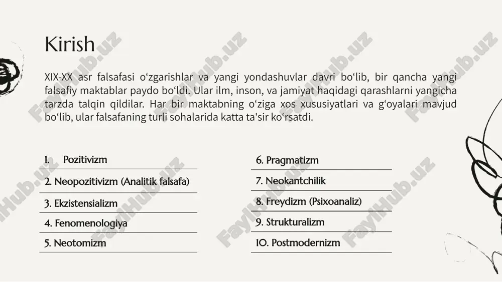 orasidagi farqni aniqlash. namoyandalari: rudolf karnap, morits shlik, ayer kabi falsafachilar bu maktabni rivojlantirgan. metodologiyasi: matematik mantiq, til tahlili, va verifikatsiya prinsipi — har bir ilmiy ifoda tekshirilishi va amalda tasdiqlanishi kerak deb hisoblangan. 3. ekzistensializm asosiy g‘oya: ekzistensializmda inson mavjudoti, erkinlik, tanlov va mas'uliyat markazda turadi. ekzistensializm insonning o'z mohiyatini yaratishdagi erkinligi va tanlovlari bilan bog'liqdir. shaxsiy tajriba: ekzistensializm insonni shaxsiy tajriba va o'z hayoti bilan bog'liq holda tahlil qiladi. inson o'zini erkin iroda bilan yaratadi va hayotdagi mas'uliyatni o'z zimmasiga oladi. namoyandalari: diniy ekzistensializm: søren kierkegaard — insonning diniy tanlovlari va xudo bilan bo'lgan munosabatini tahlil qilgan. ateistik ekzistensializm: jean-paul sartre va albert camus — insonning borlig‘ini va hayotning absurdligini tanqid qilishgan, ular insonning hayoti uchun ma'no yaratishini ta'kidlagan. shior: "inson avval mavjud bo‘ladi, keyin mohiyatini yaratadi." bu sartre tomonidan ilgari surilgan, insonning erkinligi va o‘z mohiyatini shakllantirishdagi roli haqida. 4. fenomenologiya (asoschisi: edmund gusserl) asosiy g‘oya: fenomenologiya …