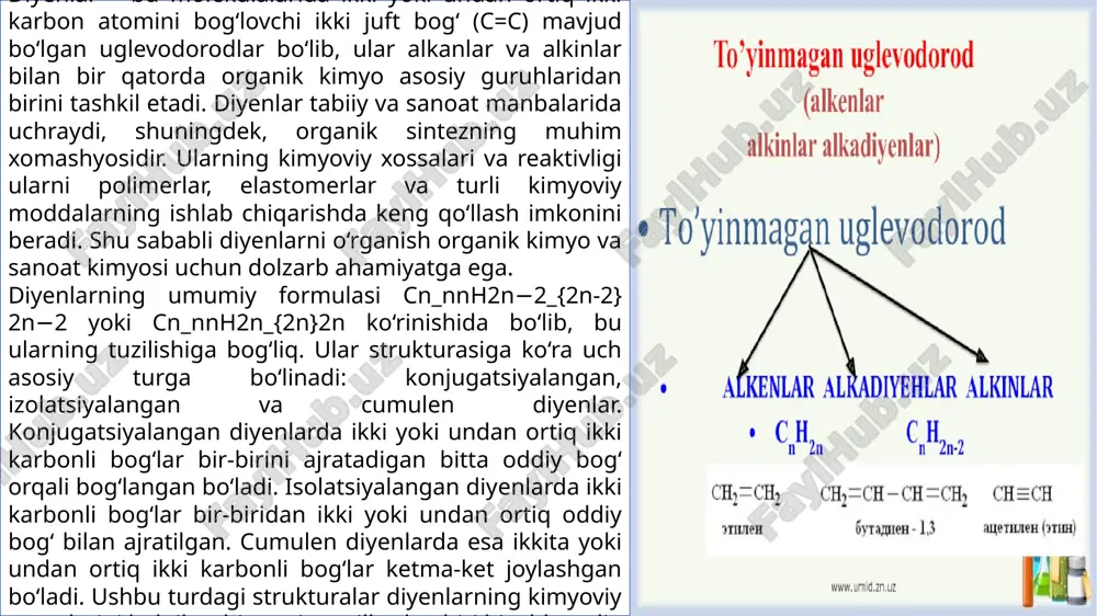 hatdan juda faol bo‘lib, ular elektrofil qo‘shilish, radikal reaksiyalari va polimerizatsiya reaksiyalarida ishtirok etadi. konjugatsiyalangan diyenlarda elektronlar delokalizatsiyalangan bo‘lgani sababli, ular diels–alder reaksiyasida, ya’ni sikloqo‘shilish reaksiyasida faol qatnashadi. diyenlar polimerizatsiya jarayonida butadien, isopren va boshqa diyenlarning elastomerlar ishlab chiqarishida qo‘llanilishiga imkon yaratadi. shu bilan birga, ularning reaktivligi katalitik va termik sharoitlarda turlicha bo‘lib, bu sanoatda ularni qayta ishlash va olish usullarini belgilaydi. diyenlarni laboratoriya sharoitida olishning bir necha usullari mavjud. masalan, alkinlarning katalitik yoki termik dehidrogenatsiyasi orqali diyenlar olinadi. sanoat usullarida esa eng keng qo‘llaniladigan metodlardan biri – bu neft fraksiyalarini termik cracking yoki katalitik reforming jarayonida diyenlar ajratishdir. butadien va isopren kabi diyenlar ko‘pincha neftni qayta ishlash yoki gazni kimyoviy ishlov berish jarayonlarida olinadi. diyenlar kimyoviy reaktivligi bilan ajralib turadi. ularning elektrofil qo‘shilish reaksiyalari, xususan, halogenlar (cl2_22​, br2_22​) va vodorod halogenidlar (hcl, hbr) bilan reaksiyalari, organik sintezda keng qo‘llaniladi. masalan, 1,3-butadien molekulasining halogen bilan reaksiyasi ikki turdagi mahsulot hosil …