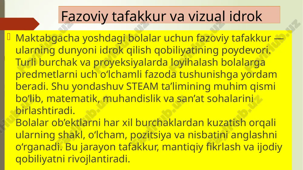 , balki mantiqiy, matematik va texnik tafakkurni ham rivojlantiradi. 3ddan 2d ga proyeksiyalash bolalar 3d modelni 2d varaqga chizish orqali proyeksiyani o‘rganadi. masalan: kubni old va yon tomondan chizish, piramida shaklini yuqoridan ko‘rinish bilan ifodalash. bu jarayon geometrik tafakkur, vizual aniqlik va mantiqiy fikrlashni rivojlantiradi. shu bilan birga, bolalar matematikani amaliy tajriba orqali o‘zlashtiradi. turli burchaklarda nisbat va kattalik turli burchaklardan kuzatish orqali bolalar predmetlar o‘rtasidagi nisbatni va kattalik farqlarini tushunadi. masalan: kichik va katta qutilarni turli burchakdan ko‘rib, nisbatni aniqlash. shu orqali ular amaliy matematik ko‘nikmalarni o‘rganadi va fazoviy idrokni mustahkamlaydi. rang va shakl bilan integratsiya rang va shakl elementlarini loyihaga qo‘shish bolalarning vizual va estetik tafakkurini rivojlantiradi. masalan, turli rangdagi piramidalarni birlashtirib kompleks strukturalar yaratish. bu mashg‘ulot san’at va matematika integratsiyasini namoyish etadi va bolalarda ijodiy fikrlashni mustahkamlaydi. steam yondashuvi bilan bog‘lanish turli burchak va proyeksiyalarda loyihalash steam tamoyillari bilan uyg‘unlashadi: science: material xususiyatlari, fizik barqarorlik technology: qurilish …