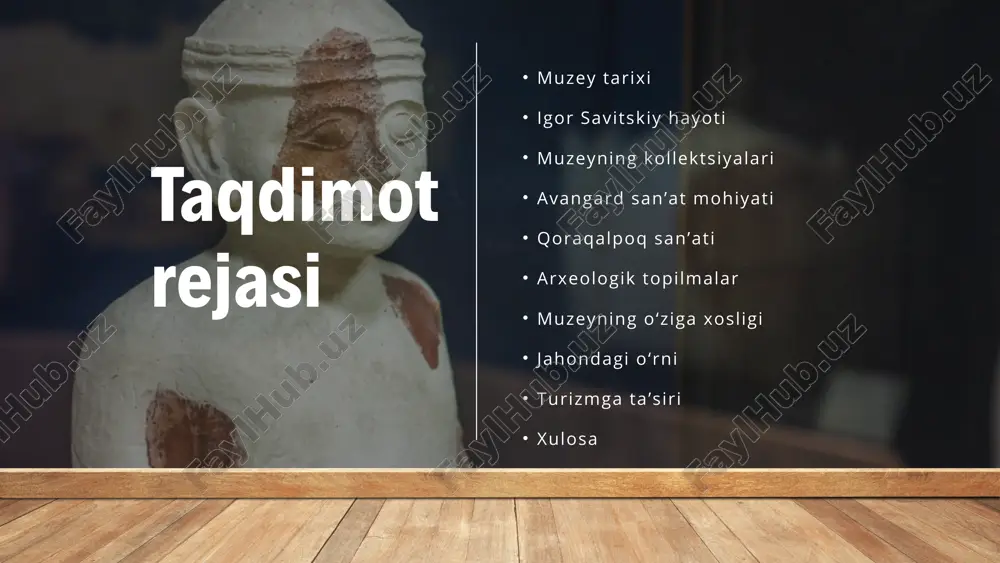 ijod qilgan, lekin siyosiy sabablarga ko‘ra e’tirof etilmagan rassomlarning asarlarini to‘plagan. ular orasida: lysenko mazel volkov usto mo’min nukuslik rassomlar savitskiyning xizmatlari u minglab asarlarni o‘limdan, yo‘qolishdan saqlab qolgan qoraqalpoq xalqining madaniyatini dunyoga tanitgan san’at tarixida katta ilmiy maktab yaratgan nukus shahrini madaniy markazga aylantirgan nima uchun muhim muziy? nima uchun u muhim? sabab izoh madaniy merosni saqlaydi qoraqalpoq xalqi tarixini dunyoga ko‘rsatadi noyob san’at asarlari sovet avangardining eng katta to‘plami ilmiy markaz tadqiqotchilar uchun katta ahamiyatga ega turizm nukusga minglab sayyohlar keladi dunyodagi eng yirik etnografik va avangard kolleksiyalardan biri xalqaro olimlar, sayyohlar va san’at ixlosmandlari tashrif buyuradi har yili xalqaro ko‘rgazmalar o‘tkaziladi muzey haqida ko‘plab filmlar va hujjatli kartinalar yaratilgan muzeyning bugungi o‘rni qoraqalpog‘iston amaliy bezak san’ati buyumlarining aksariyati xix asrning ikkinchi yarmi - xx asr boshlariga to‘g‘ri keladi. ular orasida ko‘chmanchi xalqlar yurishlarida foydalangan yog‘och va teridan yasalgan buyumlar - kumush bilan bezatilgan egarlar, idish-tovoqlar uchun g‘iloflar, …