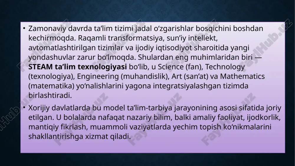 lil qiladi, tajriba o‘tkazadi, model yaratadi va natijasini taqdim etadi. finlyandiya ta’lim tizimi va fenomen asosidagi yondashuv finlyandiya dunyoda eng ilg‘or ta’lim tizimiga ega mamlakatlardan biri. u yerda an’anaviy fanlar alohida o‘tilmaydi, balki fenomen asosidagi ta’lim (phenomenon-based learning) orqali integratsiya qilinadi. masalan, “ekologik muvozanat” mavzusida o‘quvchilar biologiya, matematika, san’at, texnologiya va geografiyani birlashtirib, muammoni yechish loyihasini ishlab chiqadilar. bu yondashuv tafakkurni kengaytiradi va o‘z fikrini ilmiy asosda himoya qilishga o‘rgatadi. janubiy koreya tajribasi janubiy koreyada steam ta’limi 2011-yildan beri davlat siyosati darajasida amalga oshiriladi. “creative korea” dasturi orqali o‘quvchilarda texnologiya, muhandislik va san’at uyg‘unligi orqali ijodiy tafakkur shakllantiriladi. koreya o‘quv jarayonida “design thinking” konsepsiyasidan foydalanadi — ya’ni bolalar muammoni his qiladi, g‘oya ishlab chiqadi, prototip yaratadi va sinovdan o‘tkazadi. bu yondashuv o‘quvchini kelajak ixtirochisi sifatida tarbiyalaydi. yaponiya va “monozukuri” falsafasi yaponiyada steam konsepsiyasi “monozukuri” (yaratish san’ati) falsafasi bilan uyg‘unlashgan. u bolalarda tafakkur, aniqlik, sabr va estetikani rivojlantirishga qaratilgan. boshlang‘ich maktablarda …
