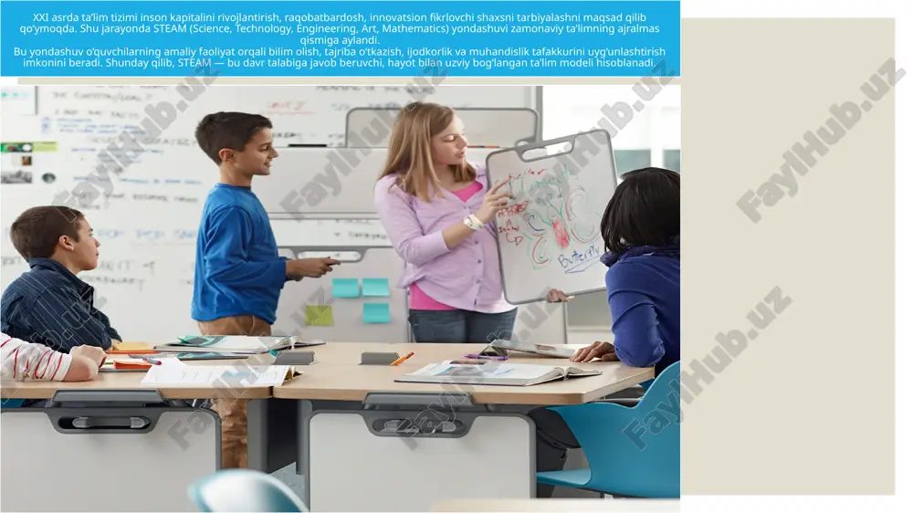 ifoda; mathematics (matematika) – tahliliy fikrlash va aniqlik. ularning uyg‘unlashuvi bolada kompleks fikrlash va muammolarni har tomonlama hal etish ko‘nikmasini shakllantiradi. steam yondashuvining zamonaviylik jihatlari steam ta’limining zamonaviyligi uning moslashuvchan va innovatsion xususiyatidadir. u an’anaviy ta’limdan farqli o‘laroq, tayyor bilimni emas, bilimni yaratish jarayonini o‘rgatadi. shuningdek, o‘quvchi raqamli texnologiyalar, eksperimentlar, modellar va ijodiy topshiriqlar orqali faol o‘rganish muhitida bo‘ladi. steam yondashuvining dolzarbligi bugungi raqamli jamiyatda yosh avlodning texnik, raqamli va ijodiy savodxonligini oshirish ta’limning eng muhim vazifalaridan biridir. steam aynan shu talabni qondiradi — u o‘quvchini zamonaviy kasblarga tayyorlaydi, mantiqiy va muhandislik fikrlashni rivojlantiradi. shu boisdan ham steam yondashuvi bugungi kunda “davr talabi” sifatida baholanmoqda. fanlararo integratsiyaning roli steamning samaradorligi fanlararo integratsiyaga asoslanadi. masalan, bola suvning harakatini o‘rganar ekan, u fizika (harakat qonunlari), matematika (o‘lchovlar), san’at (dizayn), va texnologiya (tajriba usuli)ni birlashtiradi. bu yondashuv orqali o‘quvchi bilimni real hayotiy jarayonlarda qo‘llashni o‘rganadi. o‘qituvchining roli zamonaviy steam yondashuvida o‘qituvchi bilim manbai …