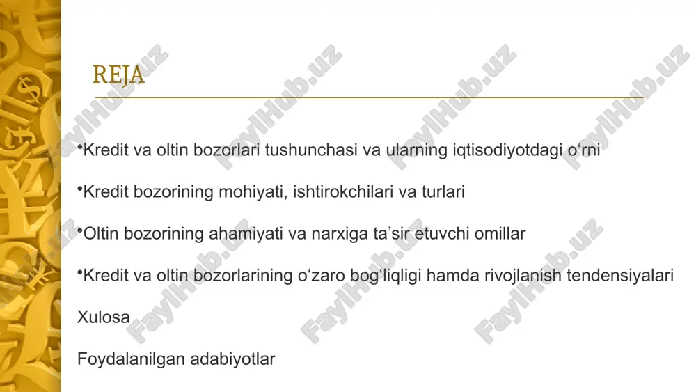 ishdir. bunda ortiqcha mablag‘ga ega bo‘lgan tomonlar uni foyda evaziga qarzga beradi, mablag‘ga ehtiyoji bor tomonlar esa ushbu resurslardan foydalanadi. kredit bozori iqtisodiy o‘sish va barqarorlikning eng muhim omillaridan biridir. u orqali ishlab chiqarish jarayonlari moliyalashtiriladi, yangi ish o‘rinlari yaratiladi, tadbirkorlik faoliyati kengayadi hamda investitsion muhit yaxshilanadi. shuningdek, kridir bozori pul-kredit siyosati mexanizmlarining samarali ishlashida ham asosiy rol o‘ynaydi. markaziy bank tomonidan belgilangan foiz stavkalari, kredit hajmlari va muomaladagi pul miqdori butun iqtisodiyotning holatiga bevosita ta’sir ko‘rsatadi. kridir bozori rivojlangan mamlakatlarda iqtisodiy jarayonlarni tartibga solishning muhim vositasi sifatida xizmat qiladi, chunki u kapitalning tez aylanishi va pul oqimlarining erkin harakatlanishini ta’minlaydi. oltin bozori esa tarixan qadimiy va strategik ahamiyatga ega bo‘lgan moliyaviy tizimdir. oltin bozori – bu oltinni sotib olish, sotish, saqlash va unga investitsiya kiritish bilan bog‘liq iqtisodiy munosabatlar majmuasidir. oltin qadimdan insoniyat uchun eng barqaror qiymat o‘lchovi va boylik manbai hisoblanib kelgan. hozirgi kunda ham oltin global moliyaviy …