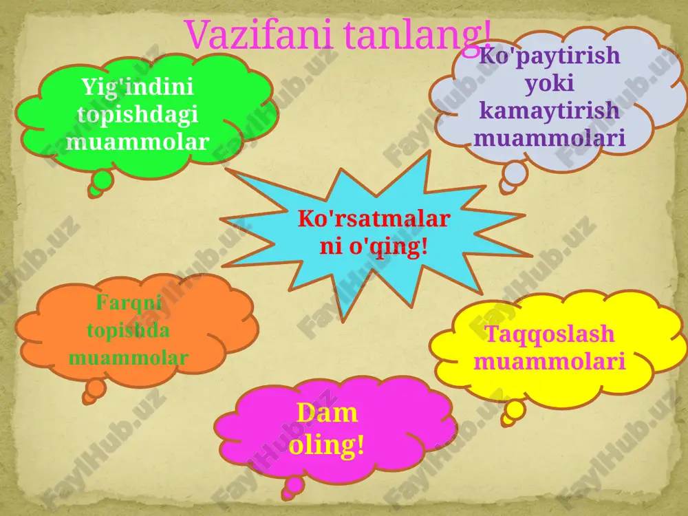 or edi. zanjabil pishiriqlaridan qancha konfet bor edi? 6 + 4 = 10 (k.) javob: 10 ta konfet. 6 – 4 = 2 (k.) javob: yana 2 ta konfet. vinni pux 5 ta sharni, piglet esa 1 ta sharni portlatdi. piglet nechta kam sharlarni portlatdi? 5 – 1 = 4 ( w .) javob: 4 to'p kam. 5 + 1 = 6 ( w .) javob: 6 ta to'p. doktor aibolit bo'riga 5 qoshiq sirop, quyonga esa 2 qoshiq sirop berdi. bo'ri yana nechta qoshiq sirop oldi? 5 – 2 = 3 (l.) javob: yana 3 osh qoshiq. 5 + 2 = 7 (l.) javob: 7 osh qoshiq. pinokkio 6 ta konfet, perrot esa 3 ta konfet yeydi. perrot nechta konfet yeydi? 6 + 3 = 9 (k.) javob: 9 ta konfet. 6 – 3 = 3 (k.) javob: 3 ta konfet kam. tozalashda 7 ta qo'ziqorin o'sgan. kirpi savatga …