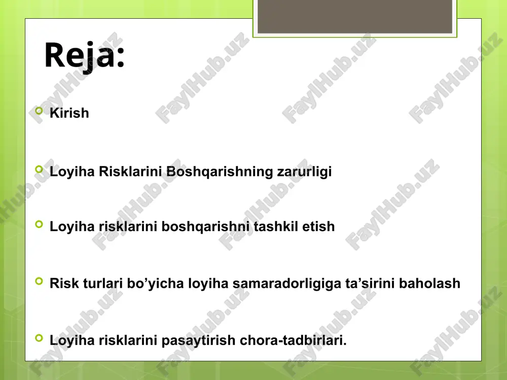 ish, kutilgan daromaddan kamroq foyda olish va loyihada ko‘zlangan maqsadlarga erisha olmaslik xataridir. loyihadan qanchalik ko‘p miqdorda daromad kutilsa, u shunchalik yuqori riskli hisoblanadi. bozor iqtisodiyoti sharoitida investitsiya tizimi risklarning paydo bo‘lish sabablari ma’lumotlarning tanqisligi yoki to‘liq bo‘lmasligi, tashqi va ichki muhitdagi harakatlar (raqobatchilar, ishchilar holati, hukumat va boshqalarning harakatlari) inflyatsiya haqidagi, texnika-texnologiyalardagi o‘zgarishlar haqidagi, loyiha quvvatining, obyektning qurilish va foydalanishga topshirish muddatlari, xarajat va natijalarning noto‘g‘ri hisob-kitob qilinis investitsiya risklarini turli belgilar bo‘yicha tasniflash mumkin: tarkibi bo‘yicha risklar quyidagilarga bo‘linadi: iqtisodiy risk; bozor riski; inflyatsiya riski; valyuta riski; siyosiy risk; ijtimoiy risk; ekologik risk; texnologik risk; marketing riski; moliyaviy risk; kredit riski; bankrotlik riski; ilm-texnika riski; informatsion risk; investitsiya risklarini turli belgilar bo‘yicha tasniflash mumkin: 2) muddati bo‘yicha risklar quyidagilarga bo‘linadi: qisqa muddatli risklar; uzoq muddatli risklar; 3) olinadigan natijaga qarab risklar: spekulyativ risk - ular ta’sirida katta zarar yoki katta foyda olish imkoniyati bor; sof risklar - ular …