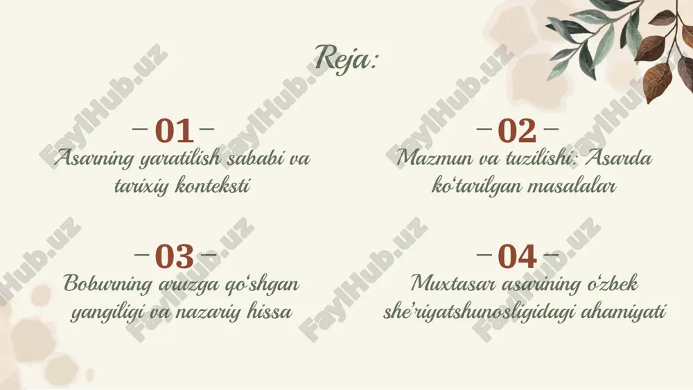 tilishida maqsad — o‘zbek adabiyotida aruz nazariyasini yanada takomillashtirish, aruz vaznlarining yangi turlarini aniqlash va milliy she’riyatga moslashtirish. uzpedia.uz mazmun va tuzilishi: asarda ko‘tarilgan masalalar 02 muxtasar – risola bo‘lib, unda aruz vazni, rukn-furu’ (tayanch-elementlar), zihof (o‘zgarish) kabi tushunchalar tahlil qilingan. asarda 9 ta «doira» (turkum) keltirilgan, ular ichida turli bahrlar (shayʼr vazni turlari) sanalgan. bobur 21-ga yaqin bahrni, 46 ga yaqin zihof turini aniqlaganini bildiradi. shuningdek, asarda o‘zbek tili fonetik imkoniyatlari, turkiy tilga xos she’riy shakllar (masalan, tarxoniy, tuyoq va boshqalar) muhokama qilingan. -03- boburning aruzga qo‘shgan yangiligi va nazariy hissa bobur risolada aruz vaznlarining o‘zbek she’riyatiga moslashuvi masalasiga alohida e’tibor qaratadi — arab-fors aruz tizimidan farqli ravishda turkiy tilning fonetik xususiyatlari nuqtai nazaridan tahlil qiladi. misol uchun, u «xorijdur» deb hisoblagan ruknlar (mutafo’ilun, mafo’ilatun, mutaqorib) turkiy she’riyatga to‘liq xos emasligini bildiradi. boburning ishlari aruzshunoslikda “qonun-qoidalarni” sistemaga tushirishga urinish bo‘lgan: u vazn, rukn, furu’, zihof tizimidan kelib chiqib, misollar …