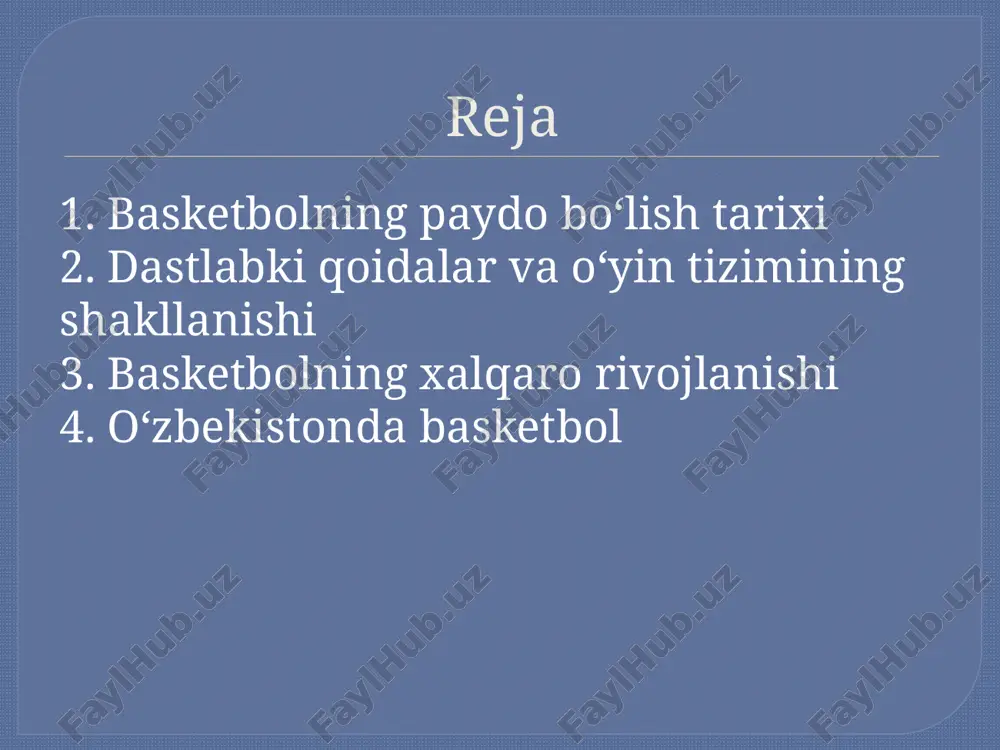 ugungi basketbol texnologiyalar, videoanaliz, sport tibbiyoti yordamida yanada mukammal tus olmoqda. tarbiyaviy ahamiyati basketbol o‘yinida jamoaviylik, mas’uliyat, iroda va intizom asosiy o‘rinda turadi. u yoshlarni ruhiy bardamlikka va g‘alabaga ishonch ruhida tarbiyalaydi. xalqaro ishtirok o‘zbekistonlik basketbolchilar osiyo o‘yinlari, markaziy osiyo musobaqalarida qatnashib, faxrli o‘rinlarni egallab kelmoqdalar. infratuzilma o‘zbekiston bo‘ylab yangi sport majmualari qurilmoqda, maktab va universitetlarda basketbol zallari tashkil etilmoqda. bu yoshlar uchun keng imkoniyat yaratadi. basketbol yurak, mushak va nafas olish tizimini mustahkamlaydi, insonni faol va tetik qiladi. maktabgacha ta’limdan boshlab bu sportni joriy etish foydalidir. kelgusida federatsiya xalqaro faoliyatni kengaytirish, yoshlar markazlarini tashkil etish va murabbiylar tayyorlashni rejalashtirmoqda. adabiyotlar: 1. neysmit j. “basketbol qoidalari”. 2. fiba veb-sayti. 3. o‘zbekiston basketbol federatsiyasi ma’lumotlari. image2.png image3.jpeg image4.png image5.png image6.png image7.jpeg image8.png image9.jpeg image10.png image11.png image12.png image13.png image14.png