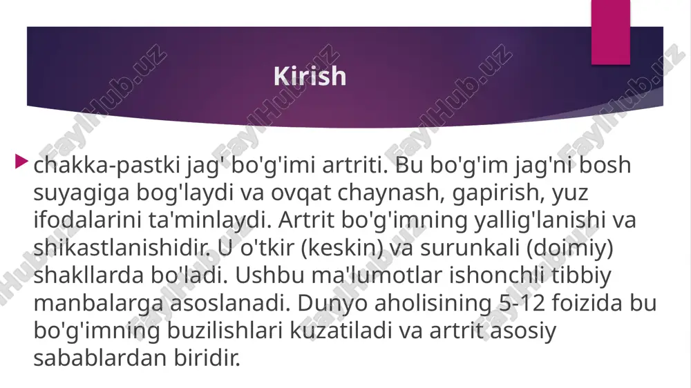 tiradi surunkali artrit: sabablari va alomatlari diagnostika usullari diagnostika shifokor ko'rigi bilan boshlanadi: bemorning shikoyatlari, tibbiy tarixi va jag' harakatini tekshirish. qo'shimcha usullar: - rentgen yoki kompyuter tomografiyasi: bo'g'im shikastlanishini ko'rish uchun. - magnit-rezonans tomografiya: yumshoq to'qimalar va yallig'lanishni baholash. - qon tahlillari: autoimmun kasalliklar yoki infektsiyalarni aniqlash uchun. ko'pincha stomatolog, revmatolog yoki quloq-burun-tomog' shifokori jalb qilinadi. davolash usullari davolash oddiy usullardan boshlanadi va og'ir holatlarda jarrohlikka o'tadi. - o'tkir artrit uchun: og'riq va yallig'lanishni kamaytiruvchi dorilar, bo'g'imni dam olish, muz yoki issiqlik qo'llash, fizioterapiya. - surunkali artrit uchun: tishlarni g'ijirlatishni oldini olish uchun og'iz qo'riqchilari, fizioterapiya va massaj, maxsus in'ektsiyalar, og'ir holatlarda jarrohlik yoki bo'g'im protezi. umumiy tavsiyalar: stressni boshqarish, yumshoq ovqatlar iste'mol qilish va tishlarni g'ijirlatmaslik. aksariyat hollarda holat o'z-o'zidan yaxshilanadi. eʼtiboringiz uchun rahmat! image1.jpeg image2.jpeg image3.jpeg image4.jpeg image5.jpeg image6.jpeg /docprops/thumbnail.jpeg
