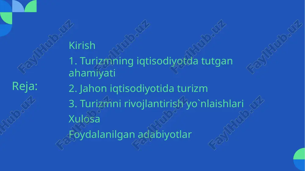 tlar tashrifi 1,14 mlrdga teng bo‘ldi va bu ko‘rsatkichning 46 %i rivojlanayotgan mamlakatlar hissasiga to‘g‘ri keladi. o‘zbekiston ham iqtisodiy o‘sishda davom etdi. ma‘lumki, o‘zbekiston turizm sanoatida katta imkoniyatga ega davlatdir. bugungi kunda mamlakatimizda 4000 dan ortiq tarixiy obidalar va muzeylarimizda 2 mlndan ziyod qadimiy eksponatlar saqlanayotgani fikrimizning yorqin dalilidir. shuningdek, respublika bo‘yicha jami 550 ta sayyohlik kompaniyasi turoperatorlari faoliyat yuritmoqda. mintaqamizdagi tarixiy ob`yektlar, arxitektura va shaharsozlik obidalarining aksariyatini qamrab olgan 110 ta xalqaro sayyohlik yo‘nalishi bo‘yicha sayyohlarga xizmat ko‘rsatilmoqda. bu yo‘nalishlarning 65 tasi tarixiy madaniy meros ob`yektlari, 30 tasi tabiiy rekreatsion, 15 tasi sog‘lomlashtirish turizm elementlarini o‘z ichiga olgan ekologik yo‘nalishlardir. hozirda yurtimizda 50 mingdan ziyod o‘ringa ega bo‘lgan 500 dan ortiq mehmonxona, motel va kempinglarda sayyohlarga xalqaro standartlar bo‘yicha xizmat ko‘rsatilmoqda. mamlakatimiz iqtisodiy hayotida turizm sanoatining ahamiyati tobora ortib bormoqda. turizm iqtisodiyotning tarkibiy qismi sifatida turistlar qabul qiluvchi mamlakatga daromadni keltiradi, yuqori valyuta tushumini taminlaydi, aholini ish bilan bandlik …