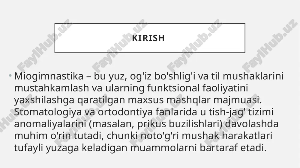 iogimnastikaning foydalari miogimnastika ortodontik davolashning samaradorligini oshiradi va quyidagi afzalliklarga ega: - tish-jag' tizimining muvozanatini tiklash: prikus anomaliyalarini oldini oladi va tishlarning zichlashuvini bartaraf etadi, shu bilan braketlar va doimiy ushlagichlar zaruratini kamaytiradi. - nafas olish va ovqatlanishni yaxshilash: burun nafasi allergiya va infeksiyalarni kamaytiradi, chaynash esa ovqatlanishni samarali qiladi va yuz rivojlanishini oldinga suradi. - boshqa muammolarni bartaraf etish: bosh og'rig'i, bo'yin og'rig'i va uyqu apnoeasi kabi holatlarni yengillashtiradi. kattalarda ham qo'llanilishi mumkin va xavfsizdir. xulosa miogimnastika – bu zamonaviy ortodontiyaning samarali qismi bo'lib, mushaklar orqali tish-jag' tizimini tabiiy ravishda tuzatadi. uning asoslari va mashqlari nafaqat prikusni to'g'rilaydi, balki umumiy salomatlikni yaxshilaydi. kelajakda bu usulni kengroq qo'llash ortodontik davolashni yanada samarali qiladi. image1.jpeg image2.jpeg image3.jpeg image4.jpeg image5.jpeg /docprops/thumbnail.jpeg
