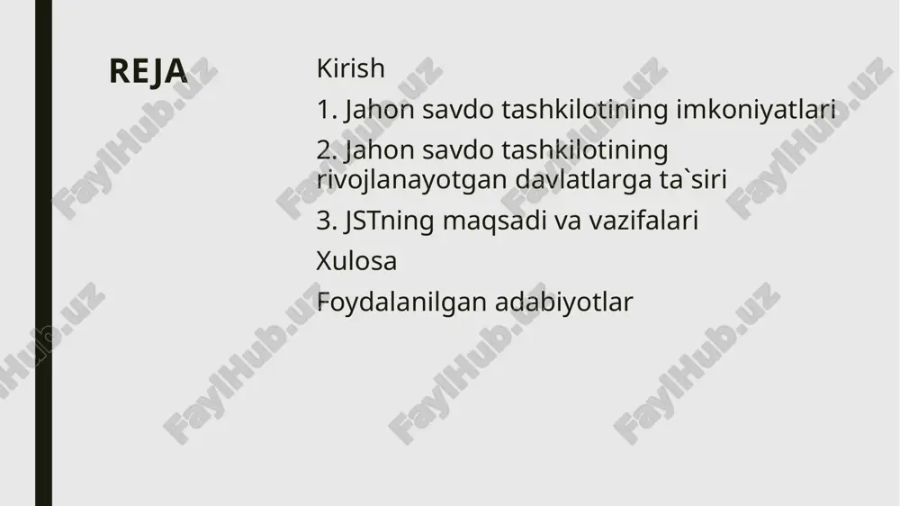 'minlash va rivojlanayotgan mamlakatlarga yordam berish kiradi. ushbu maqsadlar orqali jst o'z a'zolari o'rtasida iqtisodiy o'sishni va hamkorlikni rag'batlantirishni maqsad qilgan. jst savdo dinamikasi hozirgi kunda jst jahon savdosi dinamikasiga ta'sir ko'rsatadigan ko'plab muammolar bilan duch kelmoqda. savdo himoyachiligi va millatchilikning kuchayishi, jstning nizolarni hal qilish mexanizmining samaradorligi, rivojlanayotgan mamlakatlarning savdo tizimiga to'liq kirishi va yangi savdo masalalari, masalan, raqamli savdo va atrof-muhit barqarorligi, jstni yangi sharoitlarga moslashishga majbur qiladi. shu bilan birga, jstning o'z-o'zini isloh etish zarurati ham mavjud. jstning global savdodagi roli, uning maqsad va vazifalari, shuningdek, rivojlanayotgan davlatlarga ta'siri va savdo kelishuvlarining iqtisodiy o'sishga ta'sirini o'rganishga qaratilgan. tadqiqotning maqsadi jstning savdo liberallashuvi va iqtisodiy o'sishdagi ahamiyatini, shuningdek, uning mavjud muammolarini aniqlash va ularning yechimlarini taklif qilishdir. ushbu tadqiqot, nafaqat iqtisodiy nazariyalar, balki siyosiy va ekologik tadqiqotlar bilan ham bog'liq bo'lib, savdo boshqaruvi va uning ijtimoiy-iqtisodiy ta'sirini chuqurroq tushunishga yordam beradi. jahon savdo tashkilotining tamoyillari q3 savdoda diskriminatsiyani …