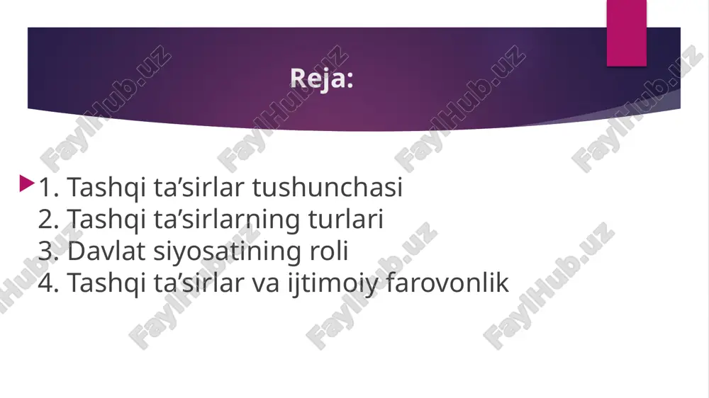 dbirlar qo‘llaniladi: pigou solig‘i: tashqi xarajatlarni ichkilashtirish uchun ifloslantiruvchi faoliyatga soliq solish. bu soliq miqdori atrof-muhitga yetkazilgan zarar qiymatiga teng bo‘ladi. normativ cheklovlar: davlat tomonidan chiqindilar yoki shovqin darajasiga nisbatan me’yorlar o‘rnatiladi. savdoga yaroqli kvotalar: ekologik ruxsatnomalar savdosi orqali ifloslanishni bozor yo‘li bilan tartibga solish. ijobiy tashqi ta’sirlar holatida davlat siyosati ijobiy tashqi ta’sirlar (masalan, ta’lim, sog‘liqni saqlash, innovatsiya)ni kuchaytirish uchun davlat: subsidiyalar beradi, ya’ni ijtimoiy foydali tovar va xizmatlarni ishlab chiqaruvchilarni qo‘llab-quvvatlaydi. bevosita investitsiya qiladi, masalan, davlat maktablari, ilmiy laboratoriyalarni moliyalashtiradi. soliq imtiyozlari orqali ijobiy tashqi samaralarni rag‘batlantiradi. coase teoremasi iqtisodchi ronald coase tashqi ta’sirlarni tartibga solishda davlat aralashuvisiz ham muvozanatga erishish mumkinligini ta’kidlagan. agar mulk huquqlari aniq belgilangan va tranzaksiya xarajatlari past bo‘lsa, tomonlar muzokara yo‘li bilan optimal yechim topishi mumkin. masalan, zavod va mahalliy aholi chiqindilarni kamaytirish bo‘yicha kelishib olishi mumkin tashqi ta’sirlar va ijtimoiy farovonlik tashqi ta’sirlar ijtimoiy farovonlikka bevosita ta’sir qiladi. ijobiy tashqi ta’sirlar jamiyatning …