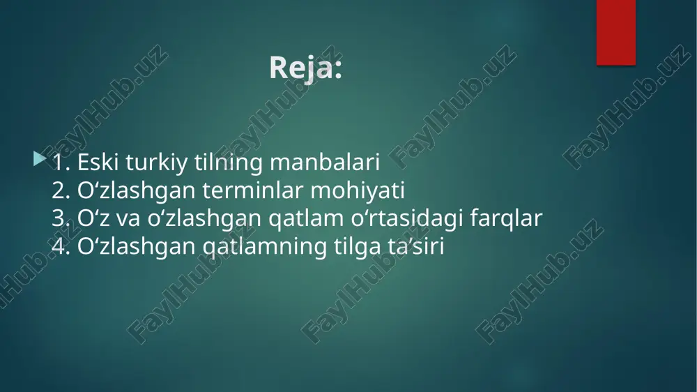 erminlar tildagi milliy ruhni saqlovchi asosiy qatlam hisoblanadi. o‘zlashgan terminlar mohiyati o‘zlashgan terminlar — boshqa tillardan kirib, turkiy til tizimiga moslashgan atamalar hisoblanadi. eski turkiy til davrida asosan arab, fors va so‘g‘d tillaridan terminlar kirib kelgan. bunga diniy, madaniy va savdo aloqalar sabab bo‘lgan. masalan, arab tilidan “ilm”, “kitab”, “hakim”, fors tilidan esa “dunyo”, “farzand”, “taxt” kabi so‘zlar o‘zlashgan. bu terminlar til boyligini kengaytirgan, lekin ularning fonetik va grammatik shakli turkiy til me’yorlariga moslashtirilgan. natijada o‘zlashgan qatlam turkiy tilning rivojida muhim o‘rin tutgan. diniy terminologiya eski turkiy tilda diniy terminologiya ikki manbadan shakllangan: mahalliy turkiy e’tiqodlar asosidagi o‘z terminlar va boshqa dinlardan kirgan o‘zlashgan terminlar. masalan, “tengri” (xudo), “yer-sub” (yer-suv ruhi) kabi so‘zlar o‘z terminlardir. keyinchalik buddaviylik va manixeylik kirib kelgach, sanskrit va so‘g‘d tillaridan “nirvana”, “karma”, “bodhisattva” kabi o‘zlashgan atamalar paydo bo‘ldi. bu jarayon diniy tafakkurning kengayishiga va tilning konseptual boyishiga olib keldi. siyosiy va ijtimoiy terminlar orxon bitiklarida …