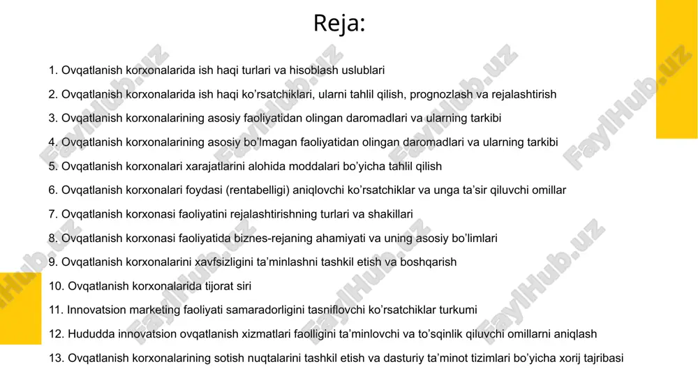 ngan tovarlarni sotish uchun. rejalashtirish xom-ashyo isteʼmoli miqdorlari to‘g‘risidagi maʼlumotlardan foydalangan holda to‘g‘ridan-to‘g‘ri hisoblash usuli bilan amalga oshiriladi. ovqatlanish mahsulotlarini ishlab chiqarish uchun xom-ashyoga bo‘lgan ehtiyojni hisoblashda quyidagi maʼlumotlar asos bo‘ladi: korxonaning ishlab chiqarish dasturiga muvofiq taomlari miqdori va assortimenti; kengaytirilgan assortimentda har bir taom uchun xom-ashyoning o‘rtacha guruhli isteʼmol miqdorlari. ovqatlanishda taomlar assortimenti keng, ishlab chiqarish dasturi kengaytirilgan assortiment bo‘yicha tuziladi va hisob-kitoblarning murakkabligi tufayli korxonaning retseptlari yoki texnologik xaritalari to‘plamiga muvofiq bitta taom uchun individual isteʼmol miqdorlarini (n) qo‘llash maqsadga muvofiq emas. shuning uchun taomlarning har bir guruhiga o‘rtacha xom-ashyo sarfining (o‘rtacha tortilgan) isteʼmol miqdorlari (n) aniqlanadi. boshqa turdagi xom-ashyolarga bo‘lgan ehtiyoj (yog‘lar, shakar va boshqalar.) hisobot davrida ularning haqiqiy isteʼmoli to‘g‘risidagi maʼlumotlar va ularning tuzilishidagi o‘zgarishlarni hisobga olgan holda taomlarni ishlab chiqarishning rejalashtirilgan o‘sish surʼati asosida hisoblanadi. o‘zida ishlab chiqariladigan boshqa mahsulotlarni tayyorlash uchun xom-ashyoga bo‘lgan ehtiyojni hisoblashda ishlab chiqarilgan mahsulotlarning kg da hisoblanib, — yarim tayyor …