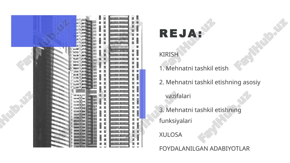oshirish, mehnat va moddiy resurslardan eng unumli foydalanish, mahsulot ishlab chiqarish, ko‘rsatiladigan xizmatlar hajmini oshirish va sifatini yaxshilash kabilar kiradi. 2. sanitariya-gigiena va psixo-fiziologik vazifalar. bularga xodimlarning sog‘lig‘ini muhofaza qilish, texnika xavfsizligini ta’minlash, butun ish vaqti davomida normal ishlash qobiliyatini ta’min etish maqsadida har jihatdan (kompleks ravishda) ularning ijtimoiy tuzilishi, jinsini va yoshini yetarli darajada hisobga olib, yaxshilab borishlar kiradi. 5 3. ijtimoiy vazifalar. bularga xodimlarni har tomonlama va garmonik rivojlantirish, mehnatning mazmundorligi, yoqimliligi, uni bajarish bosqich va tartiblarining oddiyligiga erishish, ijodiyligini, ijrochilarning ijodiy tashabbuskorligini rivojlantirish, mehnatni eng zarur hayotiy ehtiyojga aylantirib borish kabilar kiradi. tamoyillar me`yoriylik tejamlilik 6 ilmiylik uzluksizlik 7 texnologik mehnat taqsimoti – ishlab chiqarish jarayonining qayta ishlash (peredel), faza sikllariga qarab bo‘linadi. bunda eng muhimi, ularning bajarilishi texnologik jihatdan bir xil bo‘lishidir. qayta ishlash va fazalar ayrim ishlar: chilangarlik (tokarlik, slesarlik), payvandchilik (svarshiklik), qizdirilgan yoki sovuq metallni ikki bo‘lakdan iborat bo‘lgan qolip (shtamp) orasiga olib urib, …
