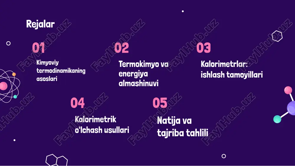 ash va yangi materiallar yaratishda qo'llaniladi. masalan, qattiq modda va suv o'rtasida o'zaro ta'sir ko'rsatadigan reaksiyalarni tahlil qilib, ular orqali chiqadigan energiyani o'lchash orqali, energiya samaradorligini oshirish imkoniyatlarini aniqlash mumkin. kalorimetrlarning turlari va ishlashi kalorimetrlar energiya o'zgarishlarini o'lchash uchun mo'ljallangan asboblar. ular kimyoviy reaksiyalar yoki fizik jarayonlar davomida issiqlik oqimini aniqlashda qo'llaniladi. kalorimetrlarning bir necha turlari bor, masalan, qattiq küttörgü, suyuq kalometr va differensial skanerlash kalorimetr. har bir turi o'ziga xos ishlash tamoyillari va qo'llanilish sohalariga ega. misol uchun, differensial skanerlash kalorimetridagi o'lchov jarayonlari materiallarning issiqlik xususiyatlarini aniqlashda foydalidir. bu materiallarni ishlab chiqishda va ilmiy tadqiqotlarda muhim ahamiyatga ega. kalorimetrik o'lchashlar usullari kalorimetrning ishlash tamoyili kalorimetrik o'lchash usullari kalorimetrlar energiya o'zgarishini o'lchash uchun mo'ljallangan asboblar. ular issiqlikning o'zgarishini aniqlash orqali kimyoviy jarayonlarni tahlil qilishga yordam beradi. kalorimetrik o'lchashlar, issiqlik oqimini va temperaturani o'lchash orqali amalga oshiriladi. bu usullar kimyoviy reaksiyalar energiya almashinuvini o'rganishda muhimdir. kalorimetrik o'lchash metodlari kalorimetrik o'lchovlar kalorimetrik …