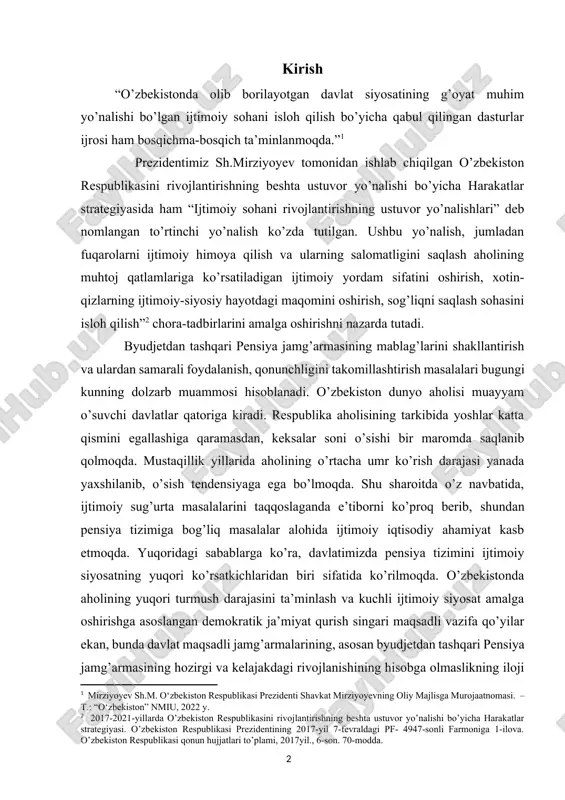 llantirish va ulardan samarali foydalanish, qonunchligini takomillashtirish masalalari bugungi kunning dolzarb muammosi hisoblanadi. o’zbekiston dunyo aholisi muayyam o’suvchi davlatlar qatoriga kiradi. respublika aholisining tarkibida yoshlar katta qismini egallashiga qaramasdan, keksalar soni o’sishi bir maromda saqlanib qolmoqda. mustaqillik yillarida aholining o’rtacha umr ko’rish darajasi yanada yaxshilanib, o’sish tendensiyaga ega bo’lmoqda. shu sharoitda o’z navbatida, ijtimoiy sug’urta masalalarini taqqoslaganda e’tiborni ko’proq berib, shundan pensiya tizimiga bog’liq masalalar alohida ijtimoiy iqtisodiy ahamiyat kasb etmoqda. yuqoridagi sabablarga ko’ra, davlatimizda pensiya tizimini ijtimoiy siyosatning yuqori ko’rsatkichlaridan biri sifatida ko’rilmoqda. o’zbekistonda aholining yuqori turmush darajasini ta’minlash va kuchli ijtimoiy siyosat amalga oshirishga asoslangan demokratik ja’miyat qurish singari maqsadli vazifa qo’yilar ekan, bunda davlat maqsadli jamg’armalarining, asosan byudjetdan tashqari pensiya jamg’armasining hozirgi va kelajakdagi rivojlanishining hisobga olmaslikning iloji yo’q. o’zbekistonda pensiya ta’minoti aholini ijtimoiy himoya qilish tizimining asosiy tarkibiy qismlaridan biri, sababi u deyarli hamma fuqarolarning umrlik huquqlari bilan bog’liq ekan, fuqarolar mehnat qobiliyatini yo’qotganda shu tizim …