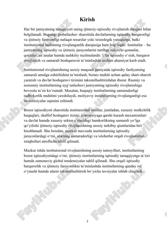 roflicha tahlil qilinadi. mazkur ishda institutsional rivojlanishning asosiy tamoyillari, institutlarning bozor iqtisodiyotidagi o‘rni, ijtimoiy institutlarning iqtisodiy taraqqiyotga ta’siri hamda zamonaviy global tendensiyalar tahlil qilinadi. shu orqali iqtisodiy barqarorlik va ijtimoiy farovonlikni ta’minlashda institutlarning qanday rol o‘ynashi hamda ularni takomillashtirish bo‘yicha tavsiyalar ishlab chiqiladi. 3 ijtimoiy-iqtisodiy rivojlanish tushunchasi va uning mohiyati ijtimoiy-iqtisodiy rivojlanish — bu jamiyatning iqtisodiy va ijtimoiy jihatdan taraqqiy etish jarayoni bo‘lib, unda ishlab chiqarish kuchlari, ilm-fan, texnologiya, infratuzilma, ta’lim, sog‘liqni saqlash, demografik jarayonlar va turmush darajasi yaxshilanishi muhim o‘rin tutadi. ushbu tushuncha davlat siyosati, bozor iqtisodiyoti tamoyillari, institutsional muhit va global iqtisodiy jarayonlar bilan bevosita bog‘liqdir. ijtimoiy-iqtisodiy rivojlanish nafaqat iqtisodiy o‘sish bilan cheklanmaydi, balki aholining turmush darajasining oshishi, adolatli taqsimot, mehnat unumdorligining ortishi, jamiyatda ijtimoiy tenglik va barqaror taraqqiyotning ta’minlanishi bilan ham bog‘liq. ushbu rivojlanish jarayonida iqtisodiyotning barqaror o‘sishi, institutsional islohotlarning samaradorligi, siyosiy barqarorlik va innovatsion taraqqiyot muhim ahamiyat kasb etadi. ijtimoiy-iqtisodiy rivojlanishning asosiy tamoyillari ijtimoiy-iqtisodiy rivojlanish bir …