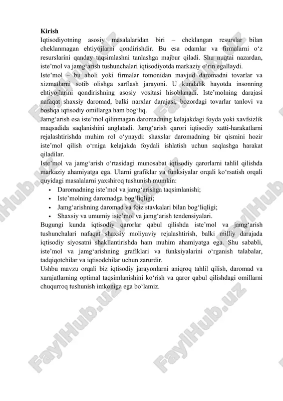o‘rganish talabalar, tadqiqotchilar va iqtisodchilar uchun zarurdir. ushbu mavzu orqali biz iqtisodiy jarayonlarni aniqroq tahlil qilish, daromad va xarajatlarning optimal taqsimlanishini ko‘rish va qaror qabul qilishdagi omillarni chuqurroq tushunish imkoniga ega bo‘lamiz. 1. iste’mol va jamg’arish, ularning grafiklari uy xo’jaliklarining iste’mol xarajatlari (bundan buyon iste’mol deb yuritiladi), yalpi talab, yoki yaimning yakuniy iste’molga ko’ra tarkibida eng katta ulushga ega bo’lgan komponentdir. shu tufayli ham iste’mol xarajatlariga ta’sir etuvchi omillarni, uning o’zgarish qonuniyatlarini o’rganish muhim ahamiyatga ega. uy xo’jaliklari tasarrufidagi daromadning iste’mol qilinmasdan qolgan qismi ularning jamg’armalarini tashkil etadi. klassik maktab vakillari jamg’arish hajmi foz stavkasining funktsiyasi de qarashsa j.m. keyns uy xo’jaliklarining iste’mol xarajatlari va jamg’arishlari hajmini belgilovchi asosiy omil ularning ishlab chiqarishda ishtirok etishdan olingan daromadlari deb hisoblaydi. yanada aniqlik kiritsakiste’sol va jamg’arish o’ajmini belgilovchi asosiy omil uy xo’jaliklarining ishlab topgan daromadlari, olgan transfert to’lovlari va to’lagan soliqlari bilan belgilanadigan tasarrufidagi daromadi (di – dispocable income, yoki yd ) …