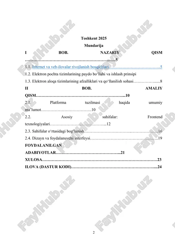 yaratishdan iborat. ushbu tizim foydalanuvchidan ism, elektron pochta manzili va xabar matnini qabul qilib, ma’lumotni serverga uzatish orqali aloqa jarayonini ta’minlaydi. ishning vazifalari quyidagilardan iborat: · elektron pochta tizimlarining ishlash mexanizmini o‘rganish; · html, css va javascript texnologiyalaridan foydalangan holda foydalanuvchi interfeysini ishlab chiqish; · xabar yuborish jarayonini interaktiv va animatsion shaklda amalga oshirish; · tizimni kengaytirish imkoniyatlarini tahlil qilish (backend bilan integratsiya, ma’lumotlar bazasi ulash va hokazo). tadqiqot ob’ekti – foydalanuvchi bilan tizim o‘rtasida elektron ma’lumot almashishni ta’minlaydigan veb-ilova. tadqiqot predmeti – elektron pochta orqali xabar yuborishning texnologik va dasturiy yechimlari. ish davomida html, css va javascript texnologiyalaridan, dizaynda esa animatsiya va emoji elementlaridan foydalanildi. bu foydalanuvchi tajribasini yaxshilash va interfeysni zamonaviy ko‘rinishga keltirish imkonini berdi. mazkur loyiha amaliy ahamiyatga ega bo‘lib, u ta’lim muassasalari, kichik tashkilotlar yoki shaxsiy veb-saytlarda foydalanuvchi bilan tezkor aloqani yo‘lga qo‘yishda qo‘llanilishi mumkin. i bob. nazariy qism 1.1. internet va veb-ilovalar rivojlanish bosqichlari internet …