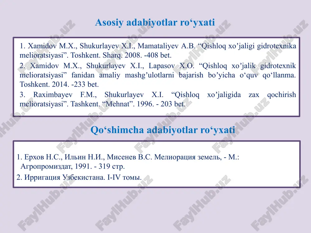 aniqlashdan iborat. yopiq zovurlarning gidravlik hisobi, boshqaruvchi zovur uchun va yig‘uvchi zovurning har bir hisobiy qismi uchun aloxida bajariladi. yopiq zovurlarning gidravlik hisobi nuqtani joylashgan otmetkasini aniqlash tartibi agar nuqta gorizontal ustida yotgan bo'lsa, uning belgisi gorizontalning belgisiga teng bo'ladi. gorizontallar orasida yotgan “hx” nuqtaning balandligini topish uchun quyidagi chiziqli interpolyatsiyalash formulasidan foydalaniladi: bu erda: hp – pastda quyi yotgan gorizontal balandligi m. snb – hx dan pastki quyi yotgan gorizontalgacha bo'lgan masofa, m. smn – yondosh yuqori gorizontal bilan pastki gorizontallar orasidagi masofa, m. - ikki gorizontallar orasidagi balandliklar farqi. masalan: kartada hp= 205,5 m. 1:10000 masshtab bo'yicha snb= 90 m. smn= 270 m, . qiymatlarni formulaga qo'ysak, suv sarfi harakteristikasi qiymati quyidagicha aniqlanadi: , m3/s ( n )ning turli qiymatlari uchun k=f ( d ) va s=f ( d ) bog‘liqlik grafiklari keltirilgan. yopiq zovurlarning gidravlik hisobini bajarish tartibi k=f ( d ) va s=f ( d ) …