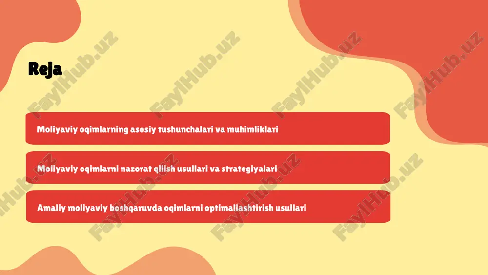 ilish risklarni boshqarishda muhimdir. ular yordamida strategik rejalashtirish va barqarorlikni ta'minlash uchun moliyaviy barqarorlikni kuzatish mumkin. moliyaviy oqimlarni tahlil qilish moliyaviy oqimlarni tahlil qilish usullari orasida naqd pul oqimlarini kuzatish, moliyaviy modellash va statistik metodlar muhim ahamiyatga ega. naqd pul oqimlari tahlili kelajakdagi likvidlikni prognoz qilishda asosiy rol o'ynaydi, bu esa kompaniyaning moliyaviy barqarorligini ta'minlash uchun muhimdir. naqd pul oqimlari bo'yicha hisobotlar tayyorlash menejment va sarmoyadorlar uchun strategik rejalashtirishda asosiy vositadir. bu hisobotlar yordamida moliyaviy holatni baholash, qarorlar qabul qilish va resurslarni samarali taqsimlash mumkin. moliyaviy oqimlarni nazorat qilish usullari moliyaviy oqimlarni nazorat qilishning ahamiyati iqtisodiy barqarorlik va resurslardan samarali foydalanish uchun muhimdir. bu moliyaviy xavfsizlikni ta'minlaydi. nazorat usullari orasida byudjetlashtirish, moliyaviy hisobotlarni tahlil qilish va ichki auditlar mavjud. har bir usulning o'z afzalliklari va kamchiliklari bor. oqimlarni nazorat qilishda foydalaniladigan asboblar orasida moliyaviy dasturlar, hisobot shakllari va kpilar (asosiy ko'rsatkichlar) kiradi. bu vositalar nazoratni samarali qiladi. strategiyalarni tanlash e'tiborga …