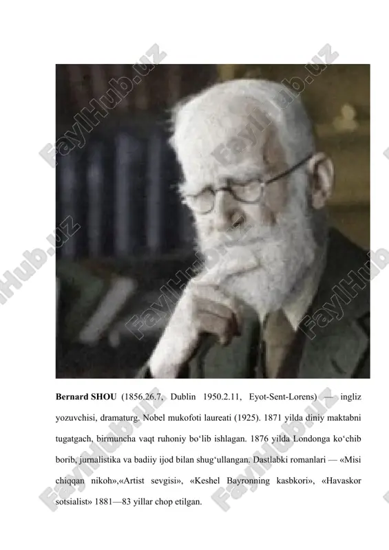 bergan. ayrim pyesalari o‘zbek tiliga tarjima qilingan. shahrining "tul xonadonlari" (1882), "yurakxoʻr" (1883), "uorren xonimning kasbkori", (1884) ilk pyesalari sahna yuzini koʻra olmagan. shu bois muallif ularni "yoqimsiz pyesalar" (1898) nomi bilan nashr etgan. shundan soʻng shahrining "yoqimli pyesalar" ("qurol va inson". "kandid", 1894; "taqdir arzandasi", "yashasak — koʻrarmiz", 1895) hamda "puritanlar uchun uchta pyesa" ("shaytonning shogirdi", 1896—97; "sezar va kleopatra", 1898; "kapitan brasbund ning murojaati" eʼlon qilingan. ushbu pyesalarni yaratish jarayonida shahrining dramaturgik metodi uzilkesil shakllangan va u "gʻoyalar dramasi" sifatida shuhrat qozongan zamonaviy dramaturgiyaning asoschilaridan biri boʻlib qolgan. jahon dramaturgiya tarixiga sermahsul dramaturglardan biri sifatida kirgan sh. 30 dan ziyod sahna asarlarini yaratgan. shahrining "pigmalion" (1913), "yuraklar vayron boʻlayotgan xonadon" (191319), "olma ortgan arava" (1919), "mafusail sari orqaga" (1918—20), "avliyo ioanna" (1923), "yomon boʻlsa ham, haqiqat" (1931), "millioner ayol" (1936), "jeneva" (1938), "yaxshi qirol karlning oltin kunlarida" (1939) kabi asarlari rangbarang mavzularga, turli janr koʻrinishlariga ega boʻlib, unda …
