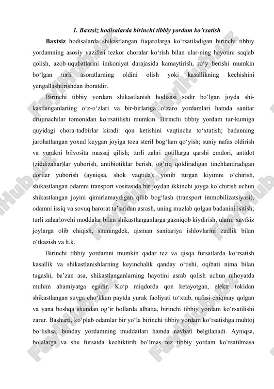 ayotgan, elektr tokidan shikastlangan suvga cho‘kkan paytda yurak faoliyati to‘xtab, nafasi chiqmay qolgan va yana boshqa shundan og‘ir hollarda albatta, birinchi tibbiy yordam ko‘rsatilishi zarur. basharti, ko‘plab odamlar bir yo‘la birinchi tibbiy yordam ko‘rsatishga muhtoj bo‘lishsa, bunday yordamning muddatlari hamda navbati belgilanadi. ayniqsa, bolalarga va shu fursatda kechiktirib bo‘lmas tez tibbiy yordam ko‘rsatilmasa hayotdan ko‘z yumish ehtimoli bor bo‘lgan shikastlanganlarga birinchi navbatda tibbiy yordam ko‘rsatiladi. ayni paytda bir yo‘la har xil turdagi shikastlanishlarga duchor bo‘lgan fuqarolarga birinchi tibbiy yordam ko‘rsatish uchun ayrim usullar tartibini ham belgilab olish lozim. bunda avval shikastlangan odamning hayotini saqlab qolishga imkon beradigan eng zarur amallarga asosiy e’tibor berila-di. chunonchi, son suyagi ochiq sinib, arteriyadan qon oqib turgan vaqtda birin-chi navbatda hayot uchun xatarli bo‘lgan qon ketishini to‘xtatish, keyii jarohatga toza, steril bog‘lam qo‘yish va shuidan so‘ng oyoqni qimirlamaydigan qilib bog‘lash (immobilizatsiya qilish)ga kirishiladi. singan suyakning o‘z joyidan siljimasligi uchun maxsus shina taxtakach yoki o‘sha sharoitda …