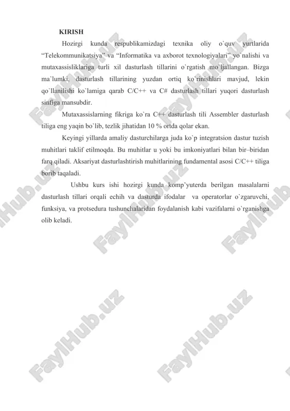 shtiradi. bo'sh joy (probel) belgisi. bo'sh joy belgilariga nafaqat probel, balki yangi satrga o'tish va tabulyasiya belgilari ham kiradi. yuqorida keltirilgan ifodani quyidagicha ham yozish mumkin: x = a+ b ; bu variantda keltirilgan ifoda ko'rimsiz va tushunarsiz bo'lsa ham to'g'ridir. bo'sh joy belgilari dasturning o'qilishliligini ta'minlaydi. bloklar va kompleks ifodalar. ba'zan dastur tushunarli bo'lishi uchun o'zaro mantiqiy bog'langan ifodalarni blok deb ataluvchi komplekslarga birlashtirish qulaydir. blok ochiluvchi figurali qavs ({) bilan boshlanadi va yopiluvchi figurali qavs (}) bilan tugaydi. blok ochilganda va yopilganda nuqtali vergul qo'yilmaydi. { temp= a; a = b; b = temp; } bu blok xuddi bir ifodadek bajariladi, u a va v o'zgaruvchilar qiymatlarini almashtiradi. amallar. bajarilishi natijasida biror bir qiymat qaytaradigan barcha ifodalar c++ tilida amallar deyiladi. amallar albatta biror bir qiymat qaytaradi. masalan, 3+2 amali 5 qiymatni qaytaradi. operatorlar. operator - bu qandaydir amalni bajarish tug'risida kompilyatorga uzatiladigan literaldir. operatorlar operandlarga ta'sir qiladi. …