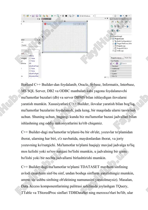 ni boshqaradi va datasource komponenti data controls komponentlarida ma'lumotlar aloqalarini boshqaradi. odatiy dasturlarda datasource komponenti odatda bitta tdataset komponenti (ttable yoki tquery) va bir yoki bir nechta data controls komponentlari (masalan, dbgrid, dbedit va boshqalar) bilan bog'liq. ushbu komponentning tdataset va datacontrols komponentlari bilan aloqasi quyidagi xususiyatlar va voqealar yordamida amalga oshiriladi: datasource komponentining dataset xususiyati tdataset komponentining nomini aniqlaydi. dataset xususiyatiga qiymat berish bosqichida yoki dizayn bosqichida ob'ekt inspektori yordamida belgilanishi mumkin. datasource komponentining yoqilgan xususiyati tdatasource va data controls komponentlari o'rtasidagi munosabatni faollashtiradi yoki to'xtatadi. agar yoqilgan xususiyat qiymati haqiqiy bo'lsa, tdatasource bilan bog'liq data controls komponentlari ma'lumotlar to'plamidagi o'zgarishlarni sezadi. enabled xususiyatidan foydalanish, masalan, data controls va tdatasource ning ingl.qismlarini vaqtincha uzishga imkon beradi, masalan, ko'p sonli yozuvlar bilan stolda qidirilganda ekranda butun stolning aylanishini ko'rsatmaslik uchun. datasource komponentining autoedit xususiyati data controls komponentlarida tahrirlashni qanday boshlashni nazorat qiladi. agar autoedit xususiyatining qiymati to'g'ri bo'lsa, tartibga solish …