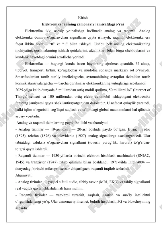 i, ekg) va tabiiy signallarni real vaqtda qayta ishlashda hali ham muhim. - raqamli tizimlar — xatolarni tuzatish, saqlash, uzatish va sun’iy intellektni o‘rgatishda tengi yo‘q. ular zamonaviy internet, bulutli hisoblash, 5g va blokcheynning asosidir. kelajak yo‘nalishi: 2030-yilga borib “gibrid” tizimlar — analogning tabiiy sezuvchanligi bilan raqamlining aqlli qaror qabul qilishini birlashtirgan neyro-sensör va kvant hisoblash qurilmalari paydo bo‘ladi. analog signallar tushunchasi va ularning fizik mohiyati analog signal – tabiatdagi fizik kattaliklarni toʻgʻridan-toʻgʻri aks ettiruvchi doimiy oʻzgaruvchan elektr kuchlanish yoki tokdir. masalan, odam ovozi havo bosimidagi tebranishlardan iborat boʻlib, mikrofon uni 0,1 mv dan 10 mv gacha oʻzgaruvchan kuchlanishga aylantiradi. bu kuchlanish vaqt oʻtishi bilan silliq egri chiziq shaklida tasvirlanadi. fizik mohiyat: - har qanday analog signal uch oʻlchovga ega: amplituda, chastota, faza. - signalning har bir nuqtasi cheksiz koʻp qiymat qabul qila oladi. - masalan, termojuft 20 °c da 0,8 mv, 21 °c da 0,84 mv beradi – farq …