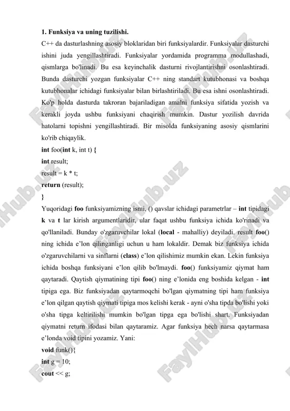 / va belgilar massivlari bilan ishlay oladi. shuningdek get gaxar jixatdan ekvivalent bo’lgan getline funksiyasi mavjud: farqi faqat shundaki, getline funksiyasi satr oxiridan oxirgi belgini qaytarmaydi. ifstream ofi (’’c:\text.txt’’); char s; char ss[9]; s=ofi.get (); cout >ss; cout #include void main(void) { ifstream input_file("bookinfo.dat"); char word[64] ; while (! input_file.eof()) { input_file >> word; cout b) { if (b caption = inttostr(j); // ularni shaklga chi=arish label5->caption = inttostr(i); label6->caption = inttostr(s); } //--------------------------------------------------------------------------- void __fastcall tform1::button2click(tobject *sender) { t = !t; // taymerdan foydaldnishni o’zgartirish if(!t) //sarlavha {button2->caption = "pusk";} else {button2->caption = "pauza";} } //--------------------------------------------------------------------------- void __fastcall tform1::timer1timer(tobject *sender) { if(t){tform1:button1click(form1);} // taymerning tiki } 2. boshqaruvchi strukturalar siklik strukturaga kirish ko’pgina takrorlanuvchi elementlarga mos algoritmga mos dastur kodini yozish uchun quyidagi buyruqlar yordamida hosil qilinadigan siklik strukturalarni ishlatishga to’g’ri keladi. for buyrug’i for buyrug’i - sikllarni tashkil qilishning eng umumiy (ommaviy) usulidir. u quyidagi ko’rinishga ega: for …