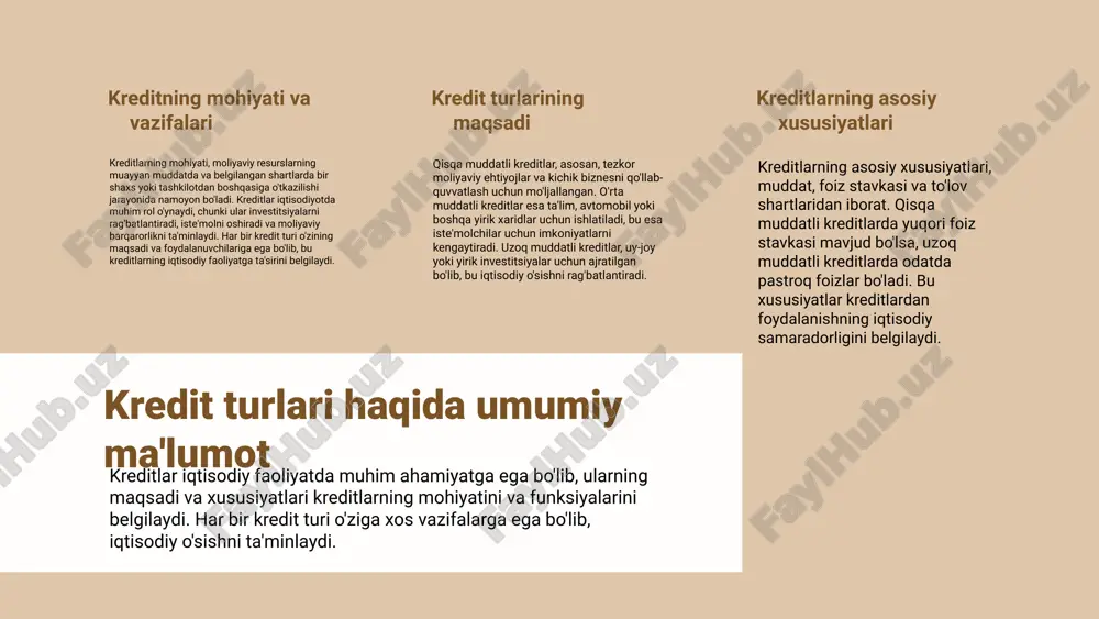 tlari har bir kredit manbasi o'ziga xos xususiyatlarga ega. masalan, banklarning kreditlari uzoq muddatli va qisqa muddatli bo'lishi mumkin, moliyaviy muassasalar ko'proq investitsion kreditlar taklif etadi. davlat tashkilotlari esa ko'pincha arzon foizli kreditlar bilan ta'minlaydi, bu esa iqtisodiyotni rag'batlantirishga yordam beradi. iqtisodiyotdagi roli kredit manbalari iqtisodiyotning rivojlanishida muhim rol o'ynaydi. ular tadbirkorlarga investitsiya qilish imkoniyatini beradi, yangi ish o'rinlari yaratadi va umumiy iqtisodiy o'sishga hissa qo'shadi. shuningdek, ularning mavjudligi moliyaviy barqarorlikni ta'minlaydi. xulosa kredit manbalari iqtisodiyotdagi muhim elementlar hisoblanadi. banklar, moliyaviy muassasalar va davlat tashkilotlari o'rtasidagi o'zaro aloqalar va ularning xususiyatlari, shuningdek, iqtisodiy o'sishga bo'lgan ta'siri, kredit tizimini yanada samarali qilishda muhim ahamiyatga ega. kredit manbalari va ularning ahamiyati kredit manbalari banklar, moliyaviy muassasalar va davlat tashkilotlaridan iborat bo'lib, har biri o'ziga xos xususiyatlarga ega. ularning iqtisodiyotdagi roli tadbirkorlikni rag'batlantirish va barqarorlikni ta'minlashda muhimdir. kreditning vazifalari va ularning ta'siri kredit vazifalari kreditning asosiy vazifalari moliyaviy resurslarni samarali taqsimlash va investitsiyalarni …